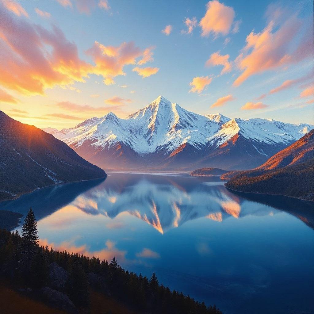 This stunning image captures the breathtaking beauty of a snow-capped mountain range reflected in a tranquil lake, set against a picturesque sky with vibrant clouds.