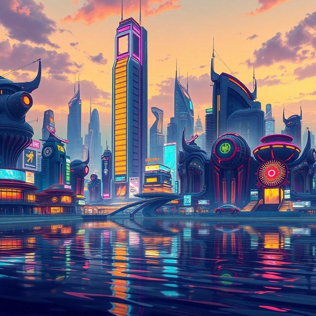 Immerse yourself in the vibrant world of anime with this stunning cityscape wallpaper, featuring a futuristic metropolis at dusk with neon lights and intricate architecture.