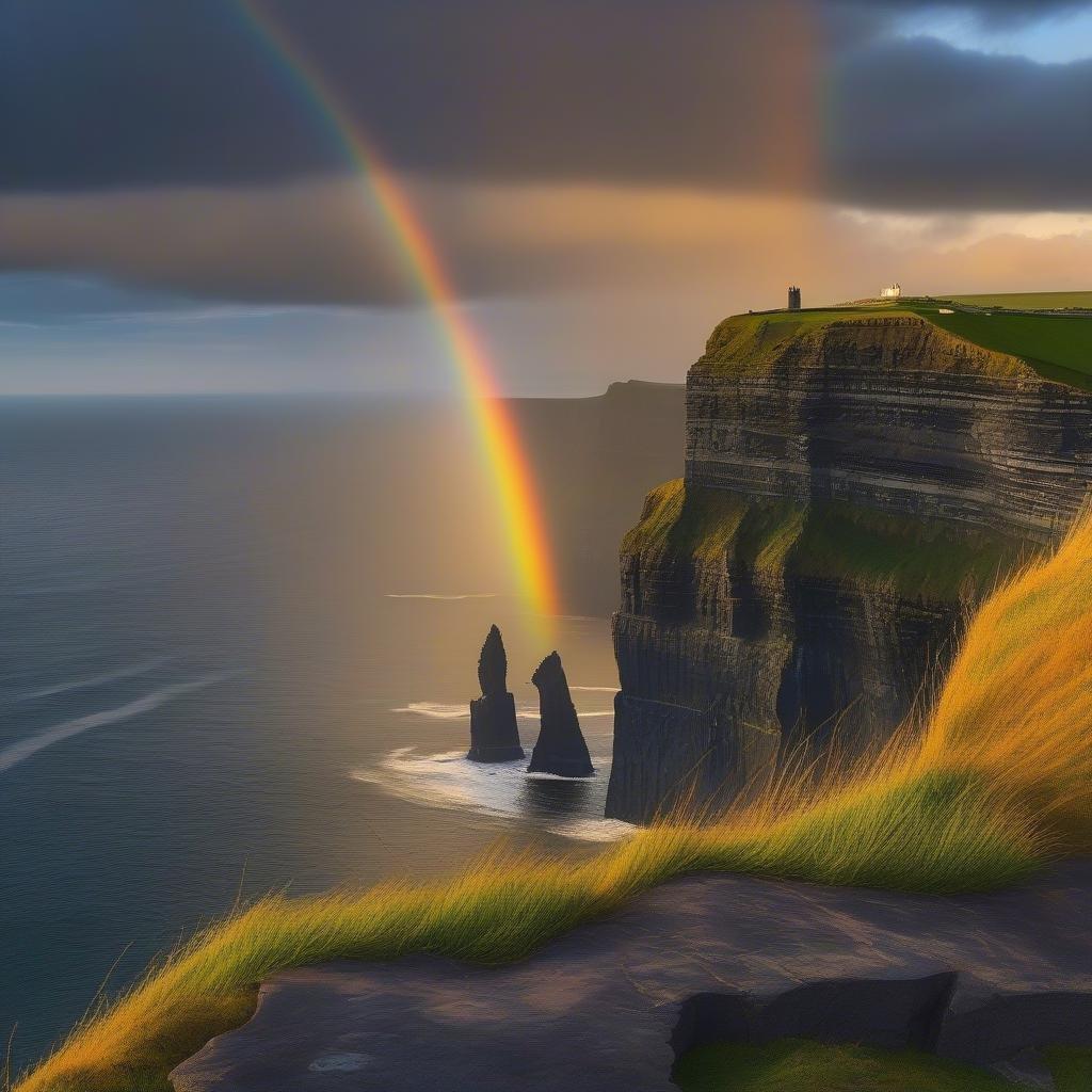 Discover the breathtaking beauty of an Irish coastline where the rainbow arches majestically against the backdrop of a rocky cliff on this St. Patrick's Day wallpaper.