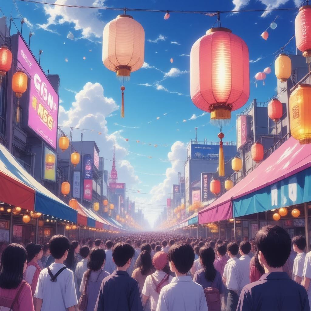 Immerse yourself in the vibrant world of anime with this captivating cityscape wallpaper. A traditional Japanese lantern hangs from the ceiling, surrounded by a bustling cityscape, while a large group of people gather in the foreground, set against a stunning blue and purple sky.