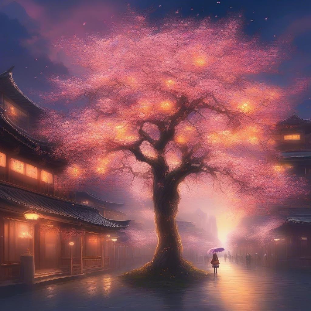 Experience the beauty of a bustling metropolis at sunset, with a majestic cherry blossom tree shining bright in the foreground.