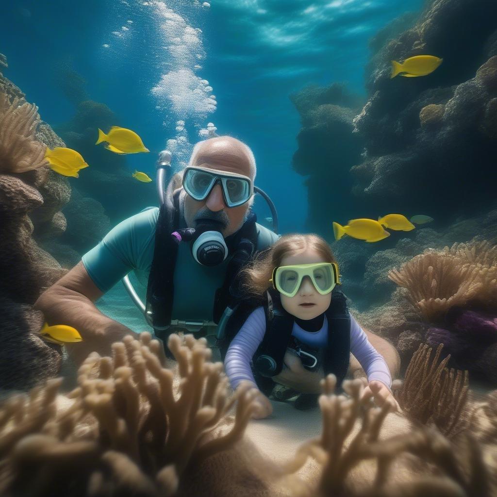 This Father's Day, dive into the deep sea with your child for a memorable adventure. Wearing snorkeling gear, this man and his daughter are exploring vibrant underwater life together.