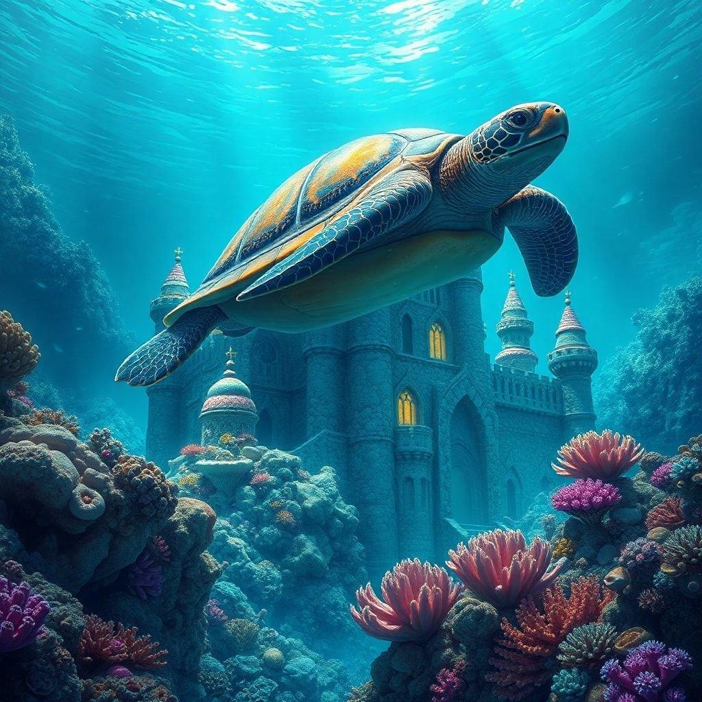 This stunning wallpaper transports you to an underwater paradise, where a majestic sea turtle glides effortlessly through the crystal-clear waters of the ocean. The vibrant coral reef and schools of fish add to the beauty of this serene scene.