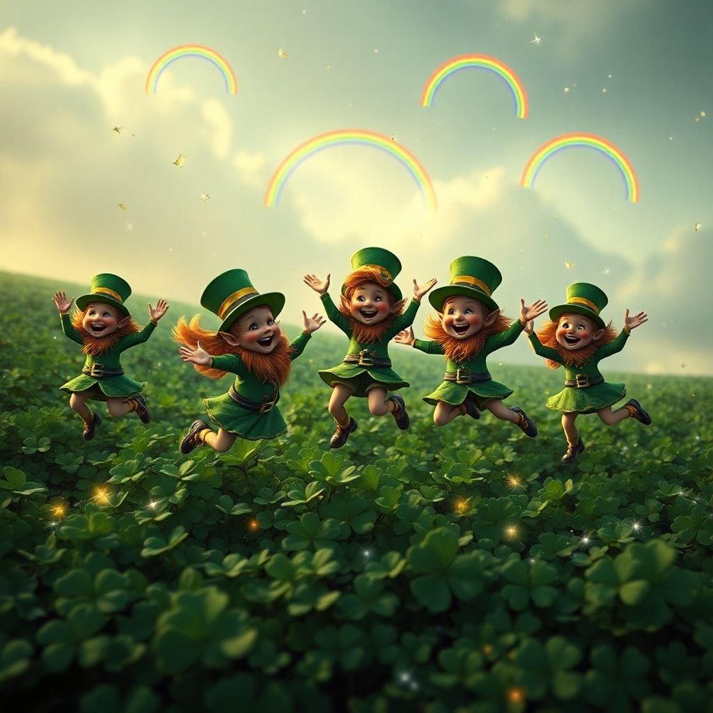 A joyful St. Patrick's Day scene with leprechaun characters celebrating in a field of clovers.