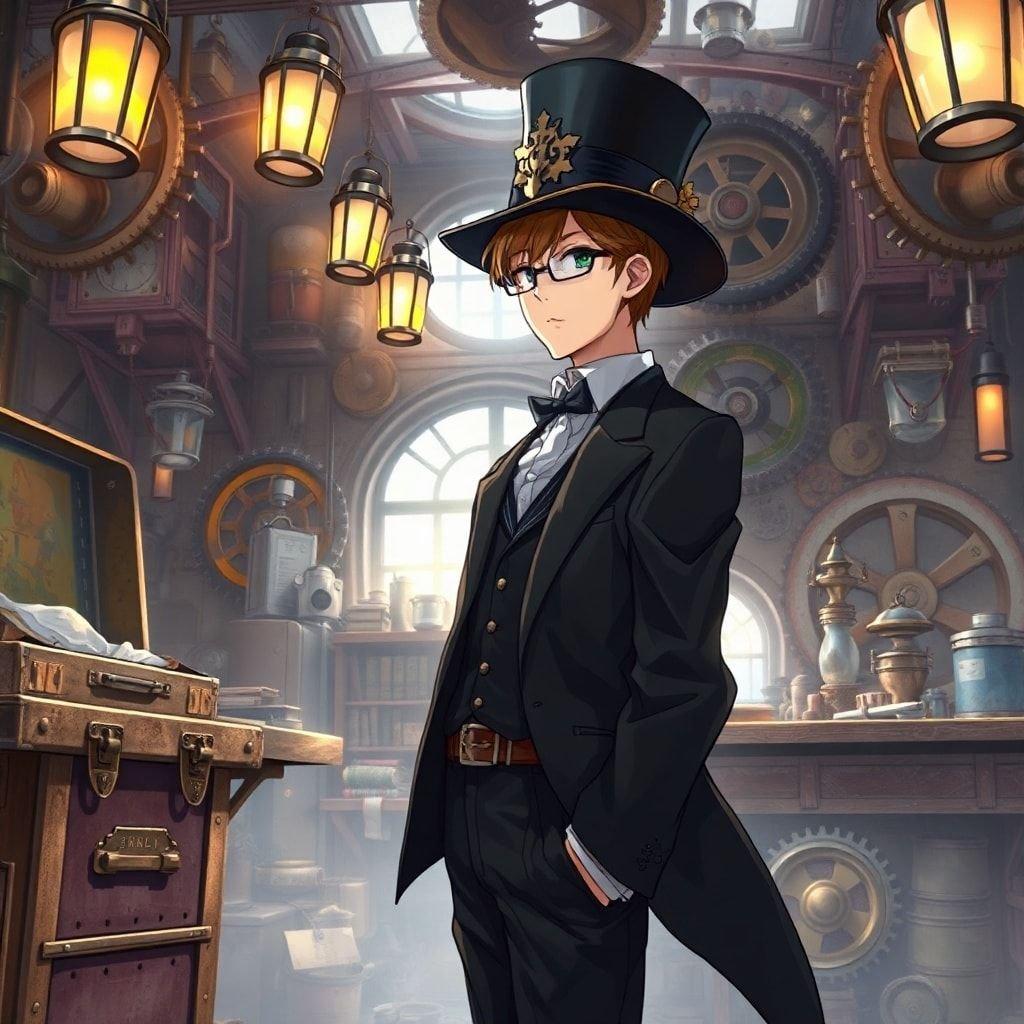 Immerse yourself in the world of steampunk with this captivating anime-inspired wallpaper, featuring a brilliant inventor surrounded by intricate gears and gadgets.