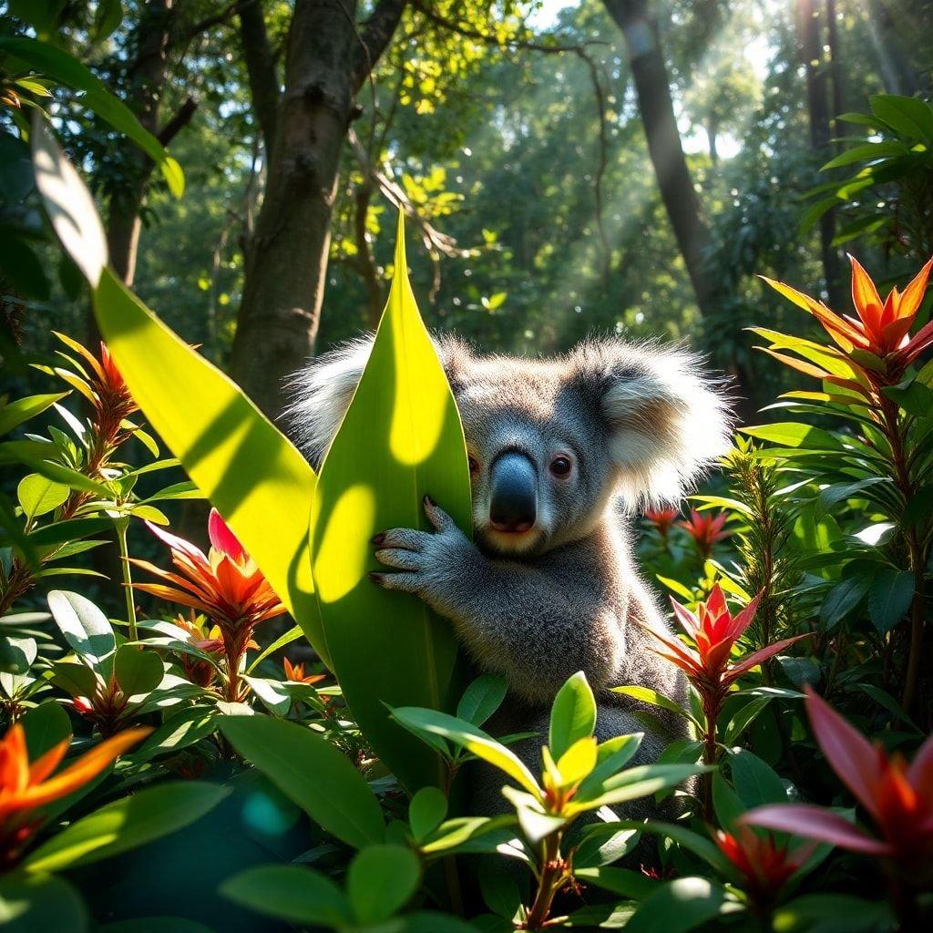 This stunning wallpaper features a koala in its natural habitat, surrounded by lush greenery and vibrant flowers. The image captures the serenity and beauty of the Australian outback, making it a perfect fit for anyone who loves wildlife and nature.