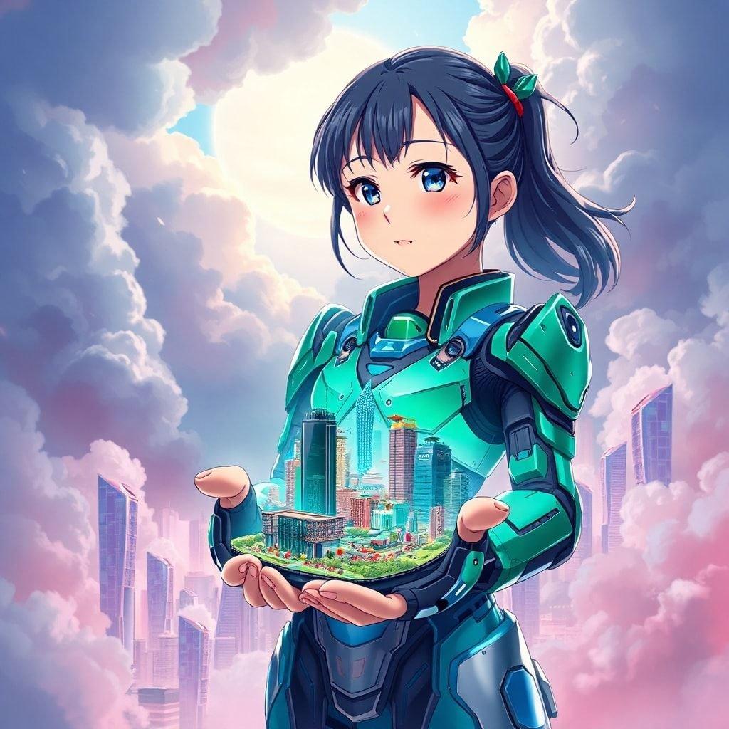 A detailed digital illustration of a futuristic scene: a young girl, dressed in a high-tech green and blue mecha suit, pilots a cityscape in her hands. The background, awash with smoke, showcases a bustling cityscape with tall buildings and a bright sky.