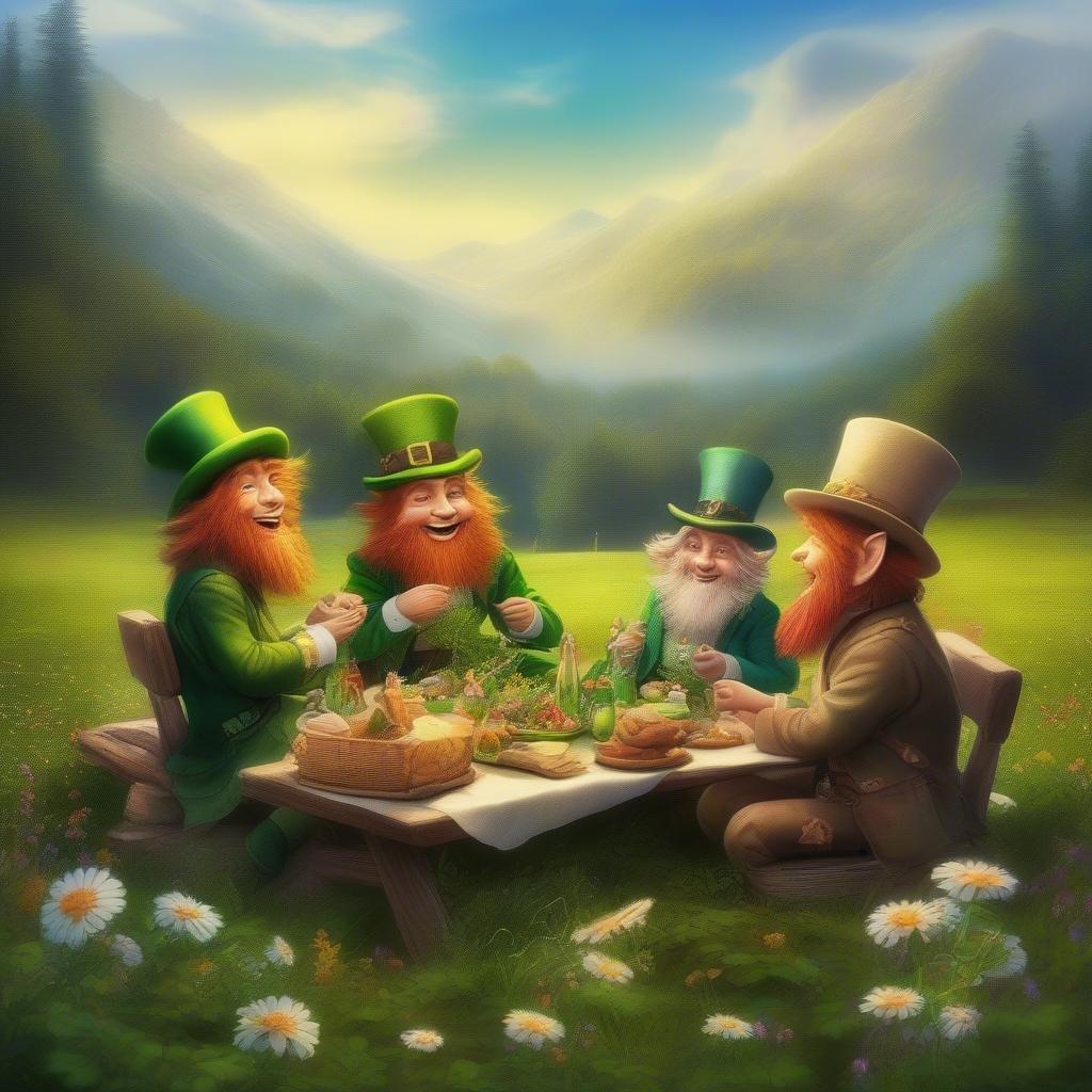 Get into the St. Patrick's Day spirit with this fun and festive wallpaper featuring four leprechauns enjoying a picnic in a beautiful field of wildflowers. The image is perfect for desktop and mobile use, and is sure to bring a smile to your face.