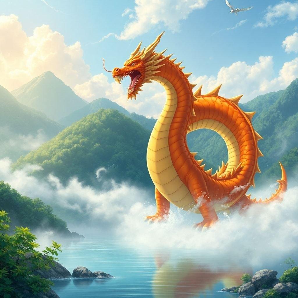 Eine majestätische Anime-Illustration eines Drachen, der aus einem nebligen Bergsee auftaucht, vor einer Kulisse aus üppigem Grün und ruhigen blauen Gewässern.