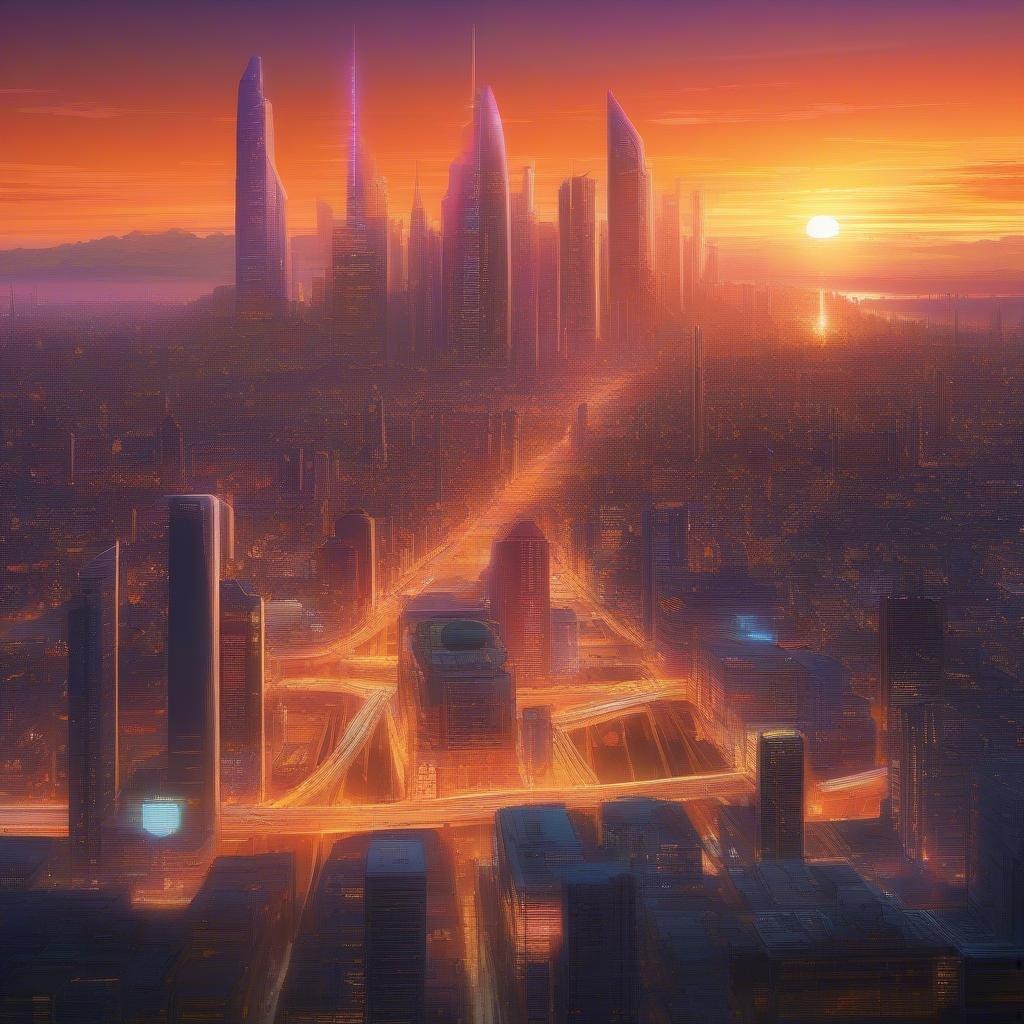 Eine lebendige digitale Illustration, die das futuristische Wesen einer Stadt im warmen Glanz eines Sonnenuntergangs einfängt. Hochhäuser und belebte Straßen füllen den Vordergrund, während im Hintergrund hohe Wolkenkratzer in Orangetönen und Gelb aufsteigen, die zur animeartigen Atmosphäre beitragen.