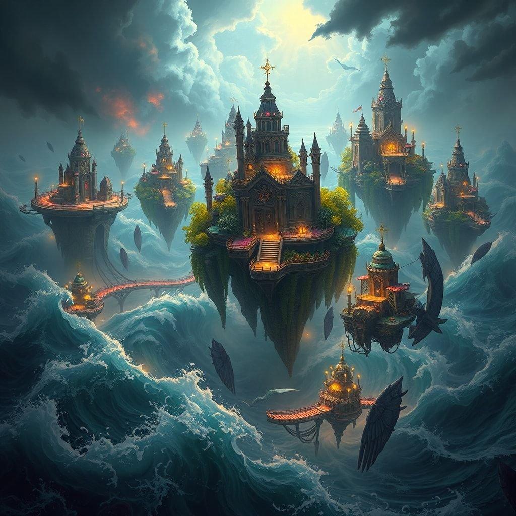 Explore the enchanting realm of floating islands amidst a mystical ocean, where fantastical castles and lighthouses stand guard against the unknown.