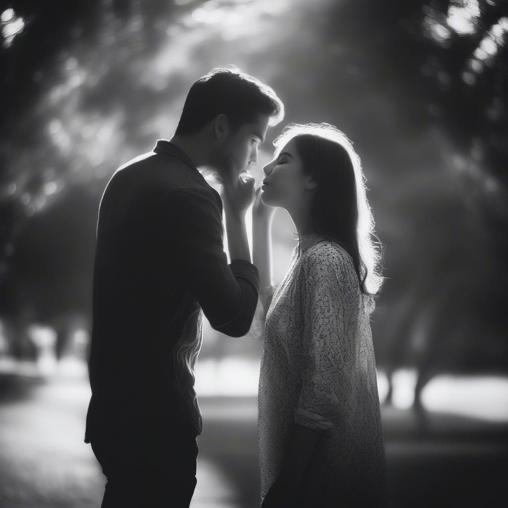 This beautiful black and white wallpaper features a romantic couple sharing a tender moment. The soft focus and blurred background create a dreamy atmosphere, perfect for desktop and mobile use.