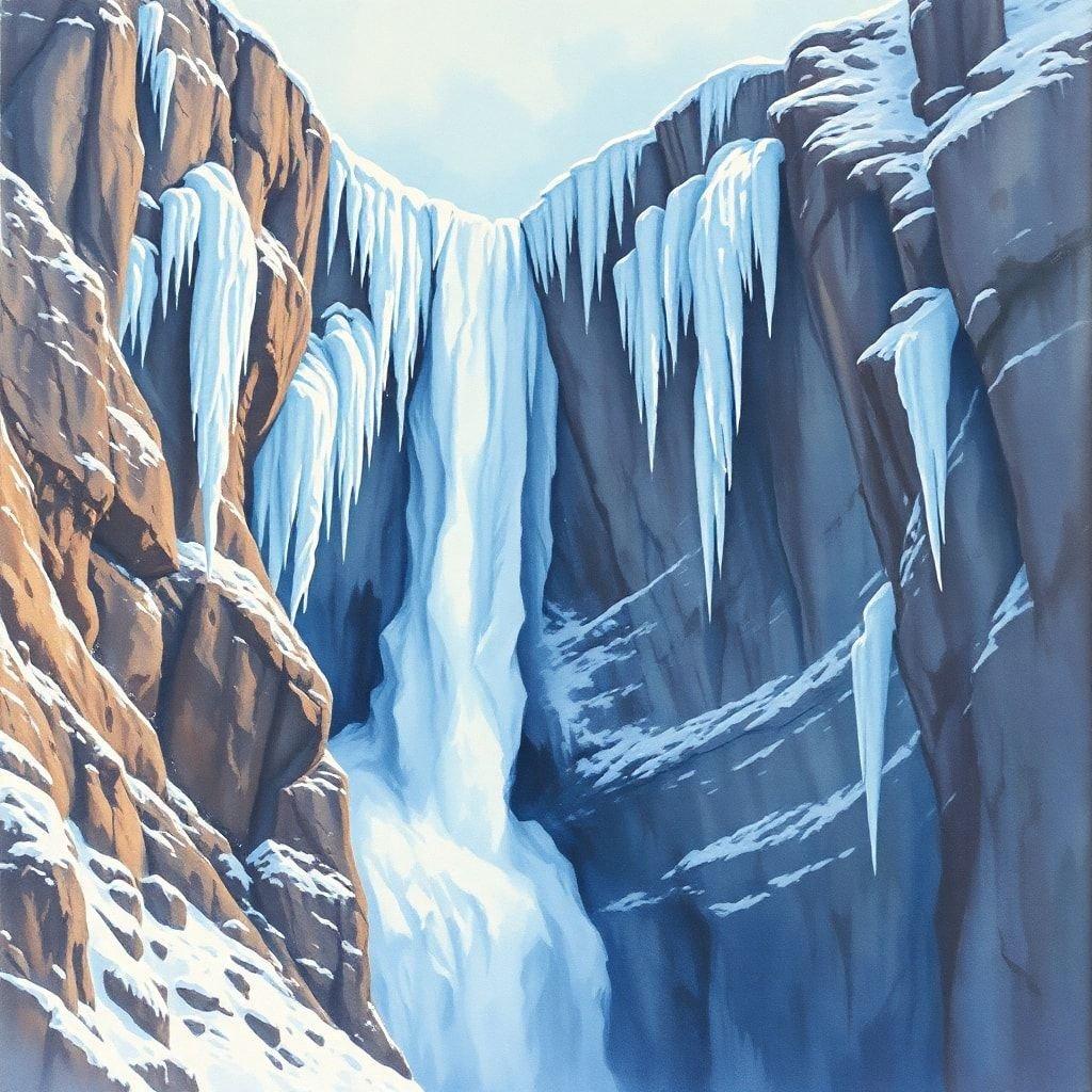 A stunning winter scene featuring a frozen waterfall, surrounded by snow-covered mountains. This wallpaper captures the serene beauty of nature's tranquility during the colder months.