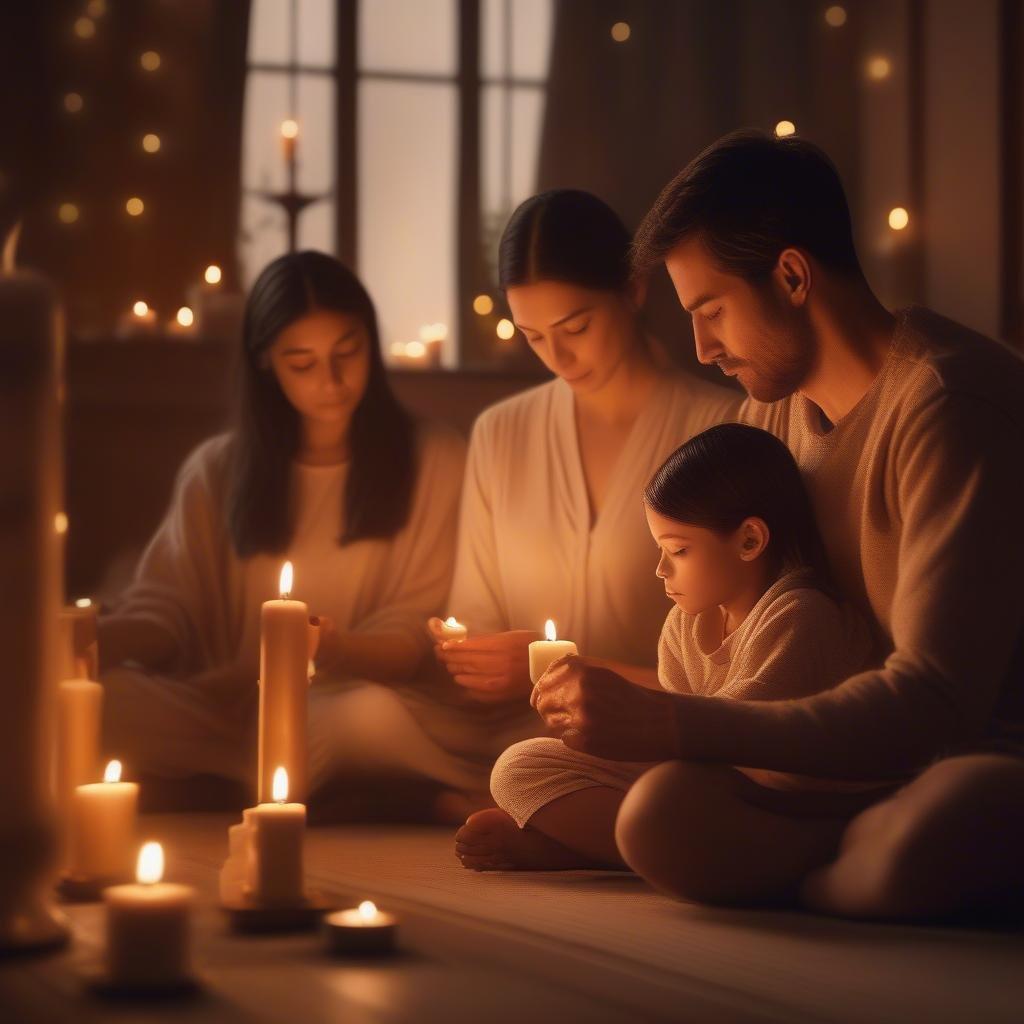 A heartwarming scene of a family celebrating Mother's Day together, sharing the gentle glow of candlelight.