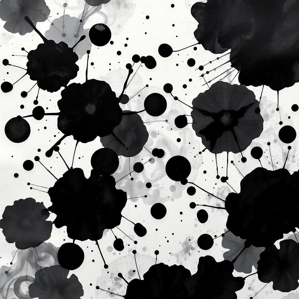 Bring a touch of nature to your tech with this abstract floral pattern. The black ink drops give a sense of movement, making this wallpaper a unique and elegant addition to any desktop or mobile device. Perfect for those who appreciate the beauty in minimalist design.