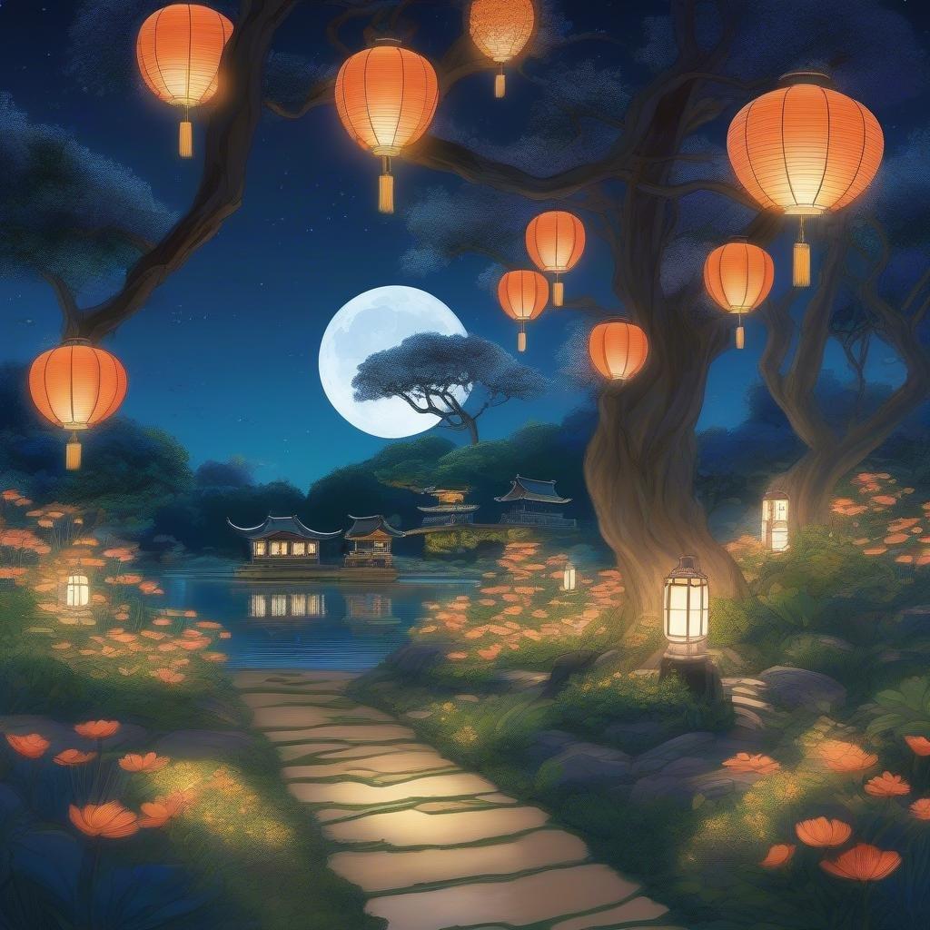 Treten Sie ein in einen ruhigen Anime-Garten, wo alte Bäume und ein voller Mond eine magische Atmosphäre schaffen. Laternen und Koi-Fische tragen zum Zauber bei und machen dies zu einer friedlichen und fesselnden Szene.