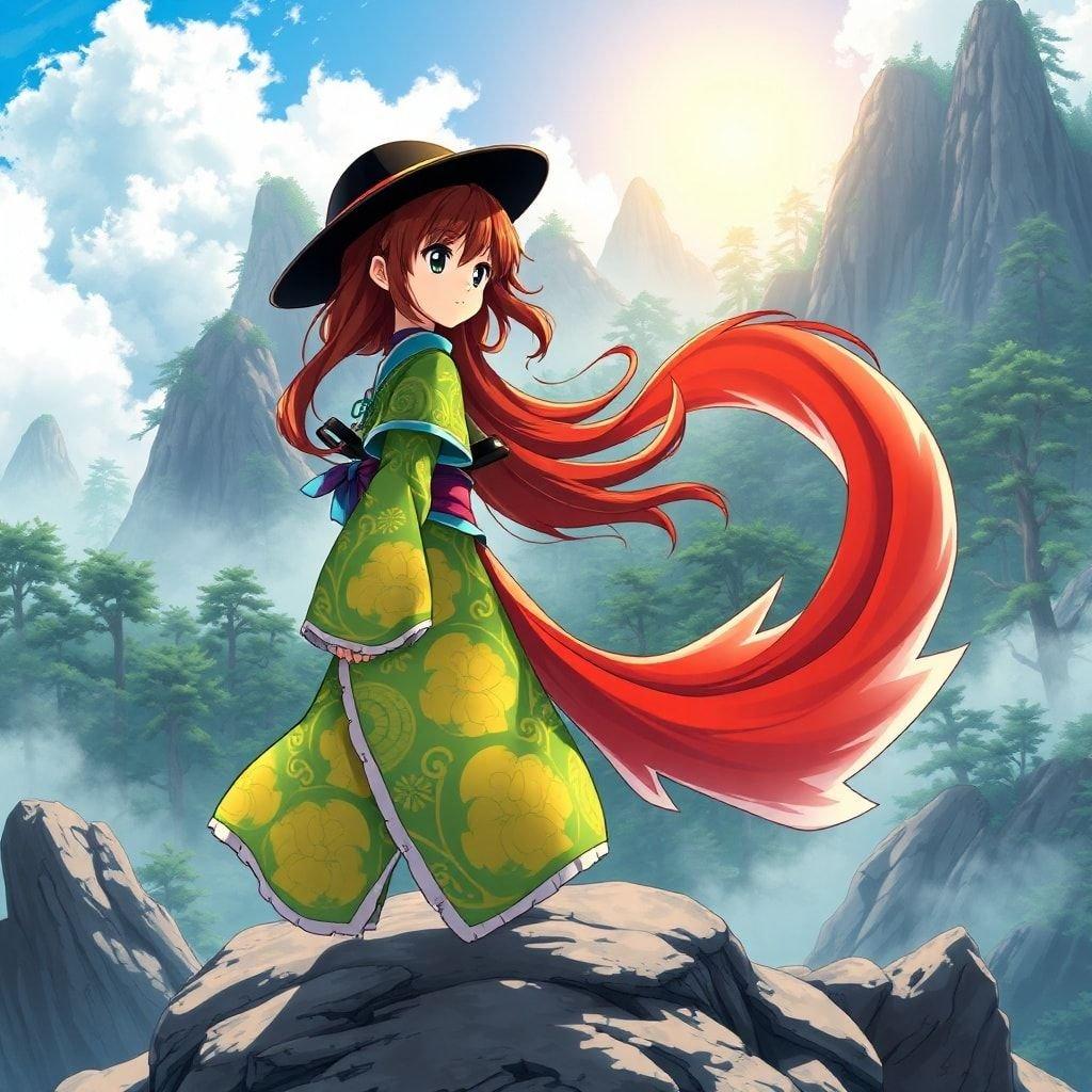 This anime illustration features a young samurai standing on a mountain peak, with a green and yellow patterned body and a red tail. She wears a black hat and a black hat, and her hair is a mix of brown and white. The background is a misty forest with tall trees and a bright sky, creating an anime-like atmosphere.