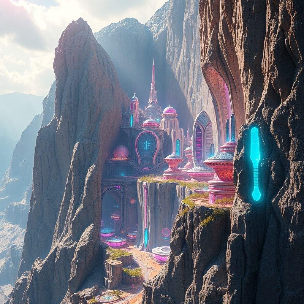 A hidden gem nestled in the heart of a mountain range, this fantastical city showcases a blend of medieval and futuristic architecture with vibrant neon lights. The sky is clear, hinting at a serene day to explore.