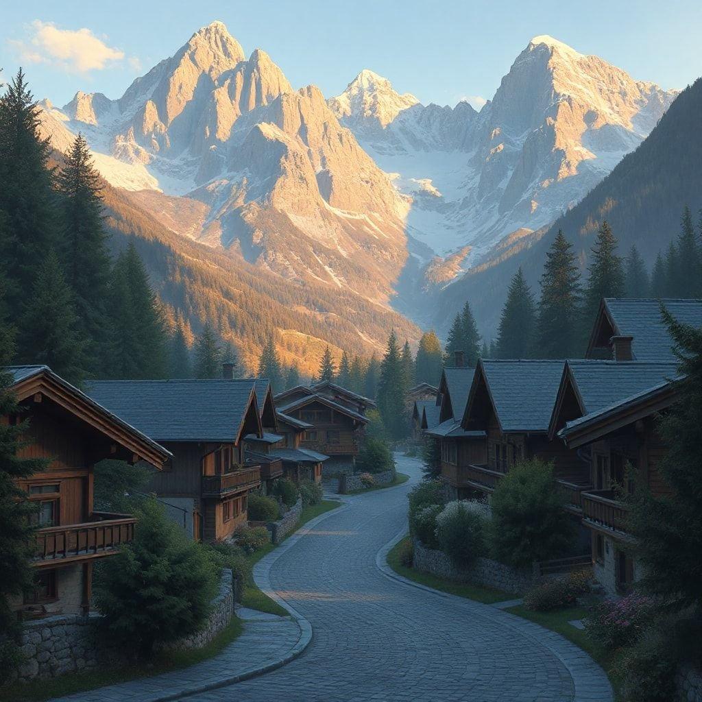 This picturesque alpine village nestles against the backdrop of towering snow-capped mountains, offering a serene retreat in the heart of nature.