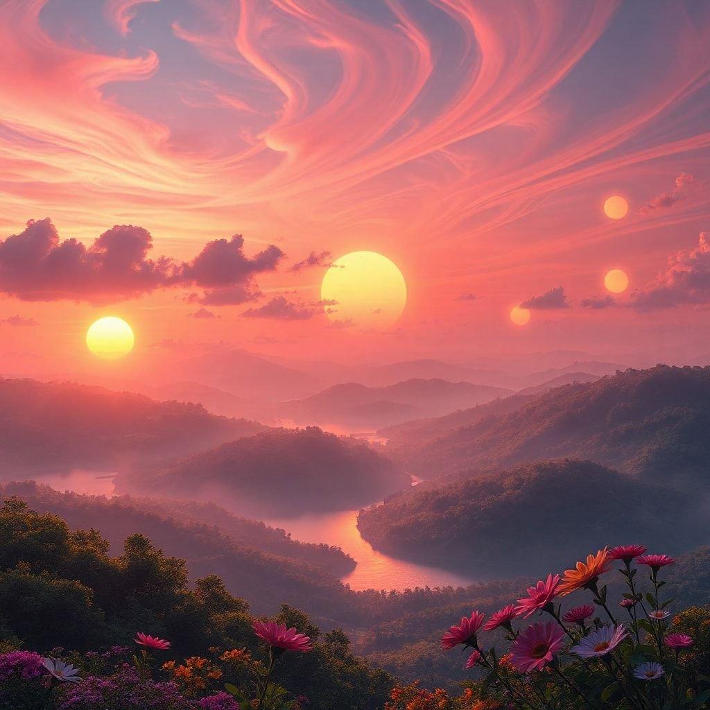 A peaceful view of a sunset over rolling hills, with the silhouette of mountains in the distance and a river winding through it. The sky is painted with hues of pink, orange, and yellow.