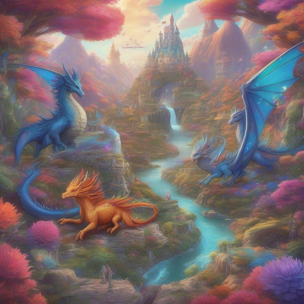 In this enchanting scene, we find ourselves in the heart of a mystical kingdom where dragons rule. The backdrop is a castle perched atop majestic mountains, and a lush forest thrives below it. Two blue dragons grace the sky, their silhouettes sharp against the sky's hues. On the ground, two more dragons are depicted in mid-roar, their scales shimmering with fantastical colors. A river flows tranquilly through the scene, reflecting a beautiful pinkish glow that bathes everything around it. This image is perfect for those who love magic and adventure!