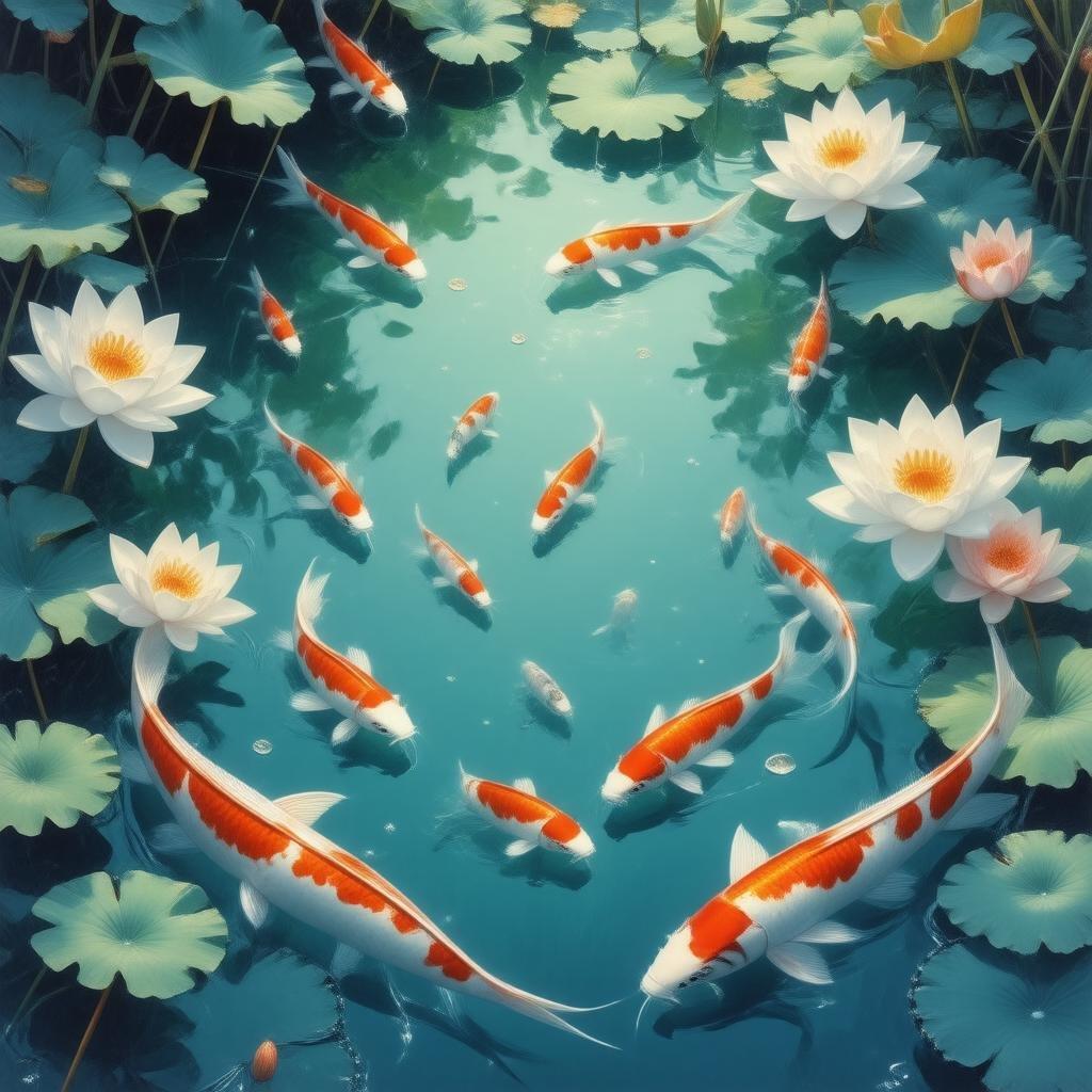 Dyk ned i den rolige skønhed i denne anime-inspirerede vandhave, hvor koi-fisk og lotusblomster danser i harmoni.