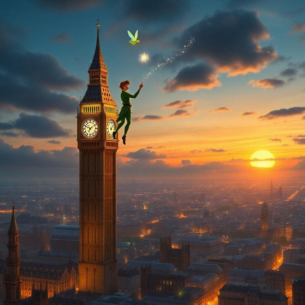 A magical moment with Peter Pan and Tinker Bell atop Big Ben as the sun sets over London.