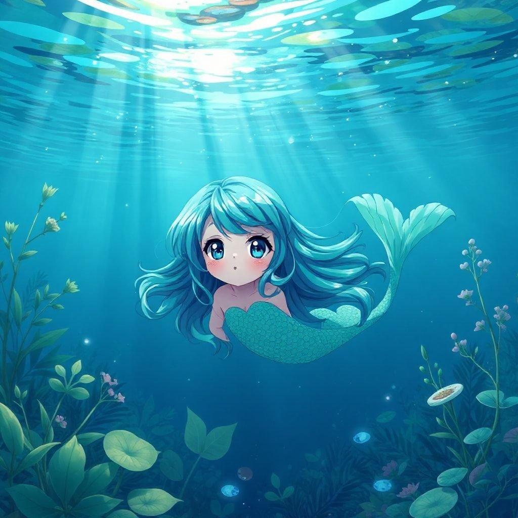 Immerse yourself in the enchanting world of anime with this captivating wallpaper featuring a mermaid singing from beneath the surface of a tranquil lake. The detailed illustration showcases the mermaid's vibrant blue and green hair, complemented by her large eyes, adding a whimsical touch to this serene scene. The deep blue background adds depth and mystery, creating a harmonious and ethereal atmosphere.