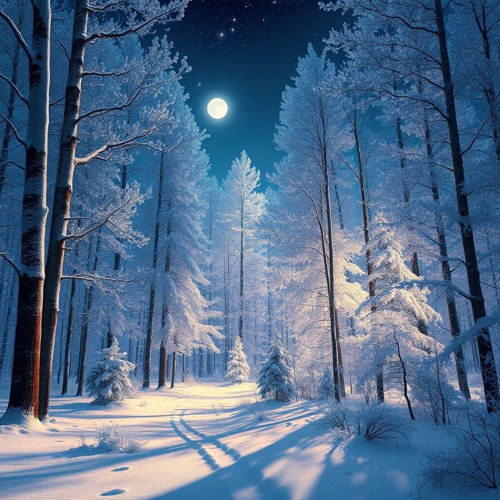 A serene winter scene with a moonlit forest path, snow-covered trees, and a full moon overhead.