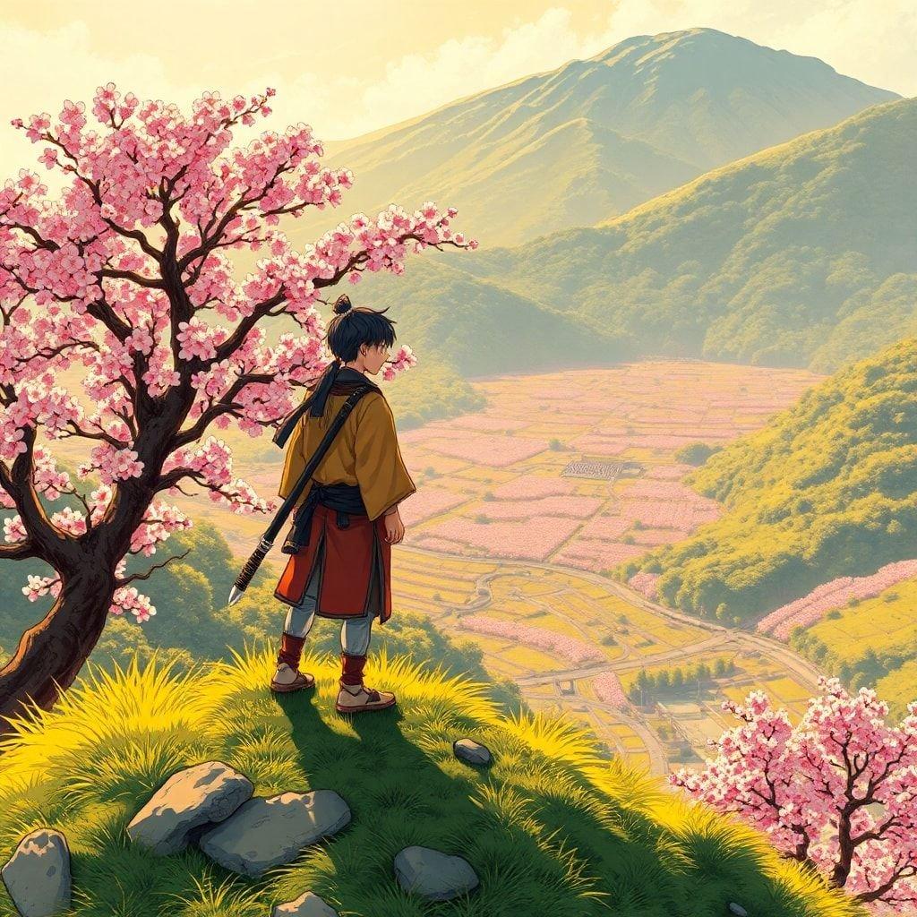 A serene anime illustration of a young samurai standing on a hill, gazing out at a valley filled with cherry blossoms, capturing a moment of tranquility and inviting exploration of the intricate details of the samurai's natural habitat.