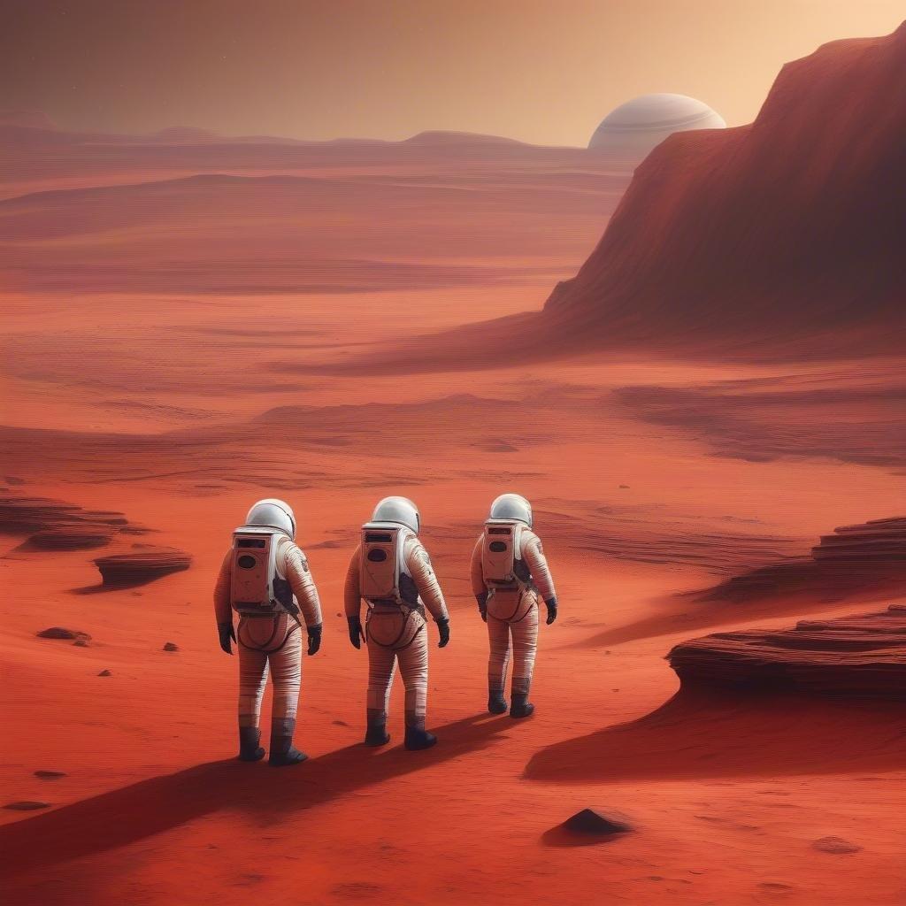 Two astronauts venture into the unknown on the red planet, with a large rock formation and a distant view of Earth.