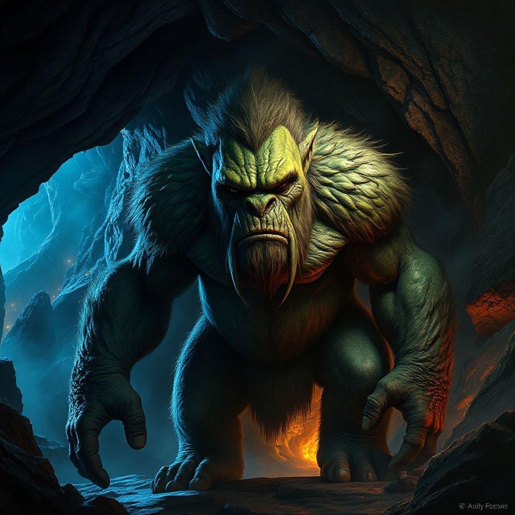 Immerse yourself in the mystical world of fantasy with this captivating wallpaper featuring a gorilla in a cave. The image showcases a powerful and majestic creature, blending seamlessly with the natural surroundings.