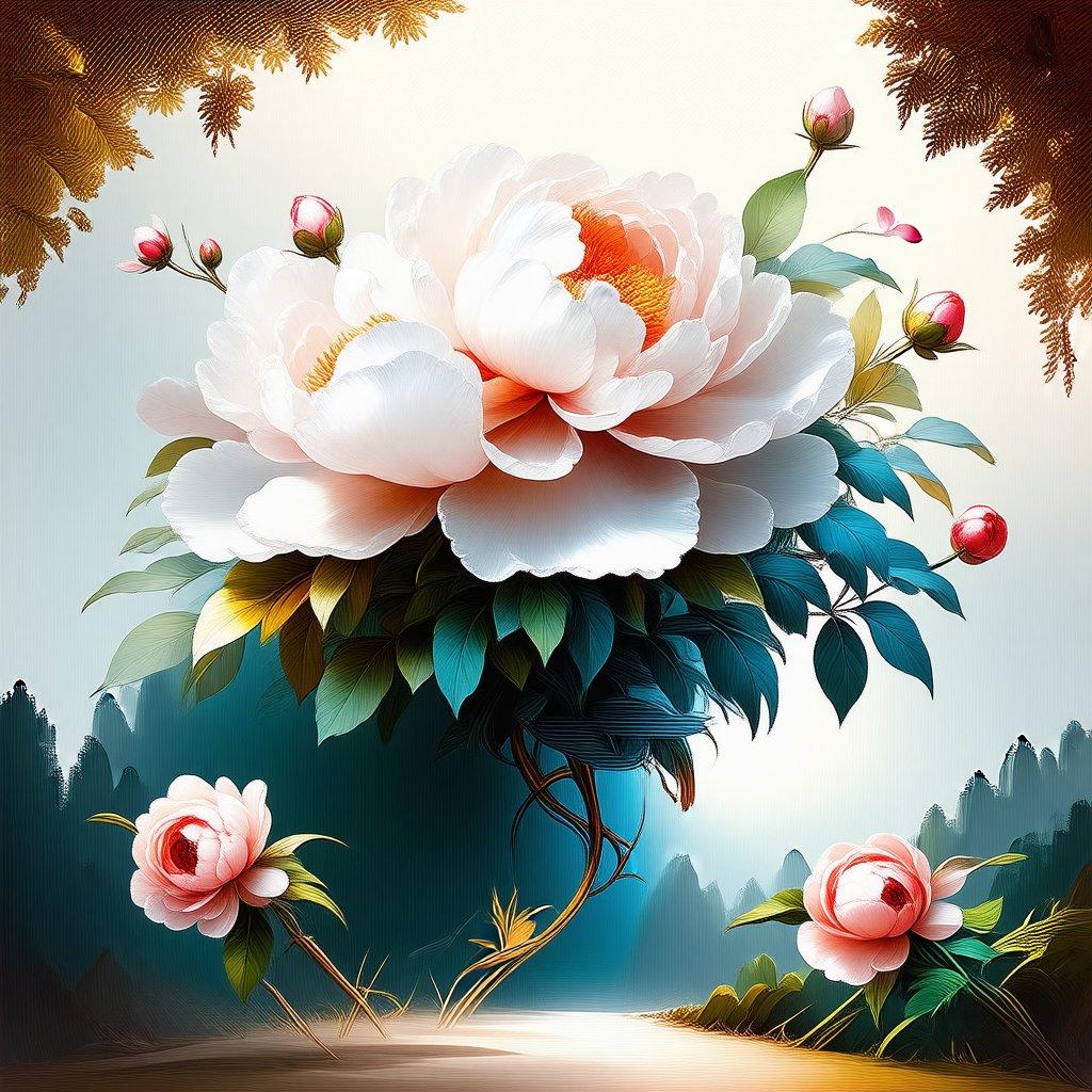 This enchanting garden blooms with exotic flowers, including an array of peonies in vibrant hues. The blossoms are set against a backdrop of a mystical forest under a soft light, creating a serene and fantastical scene. Enjoy the beauty of nature's creations as you gaze upon this floral masterpiece on your desktop or mobile device.