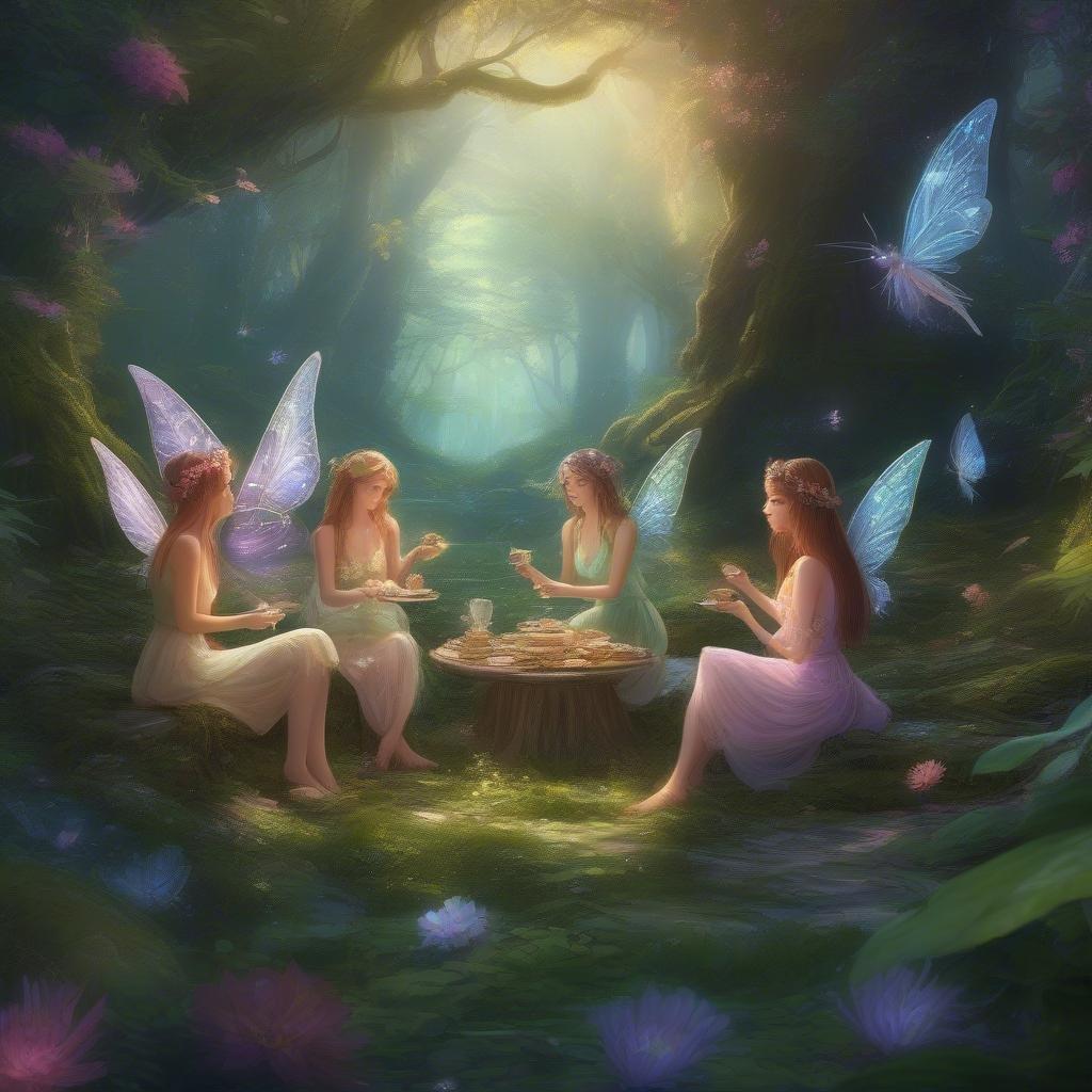 Four fairies gather in a mystical forest, their delicate wings shimmering in the soft light. The fairies are dressed in flowing, ethereal gowns, their hair adorned with flowers and leaves. They sit around a table laden with sweet treats and sparkling drinks, their laughter and conversation filling the air. The forest floor is covered in a soft, green moss, and the trees tower above, their branches twisted and gnarled with age. The fairies seem to be in a state of deep contemplation, lost in thought as they gaze into the distance. The overall atmosphere is one of peace and tranquility, inviting the viewer to step into this magical world.