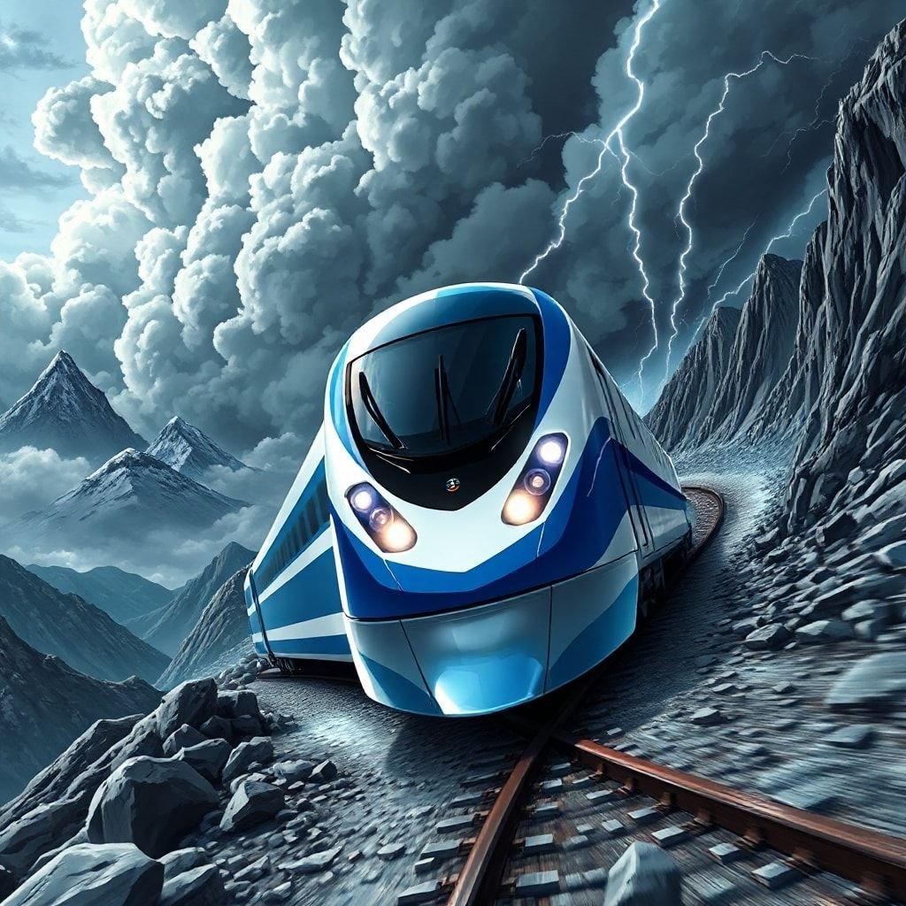 This anime-style wallpaper features a high-speed train racing through the mountains, with a dramatic storm brewing in the background.