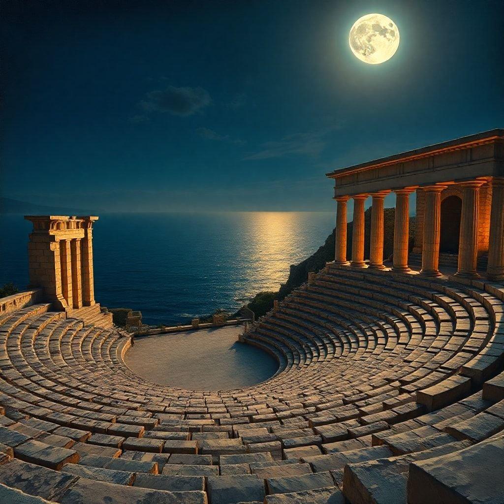 Experience the grandeur of ancient architecture with this stunning view of a classical Greek amphitheater, bathed in warm sunlight and framed by the captivating beauty of the full moon. The soft glow of the moon highlights the intricate stonework, evoking a sense of history and culture.