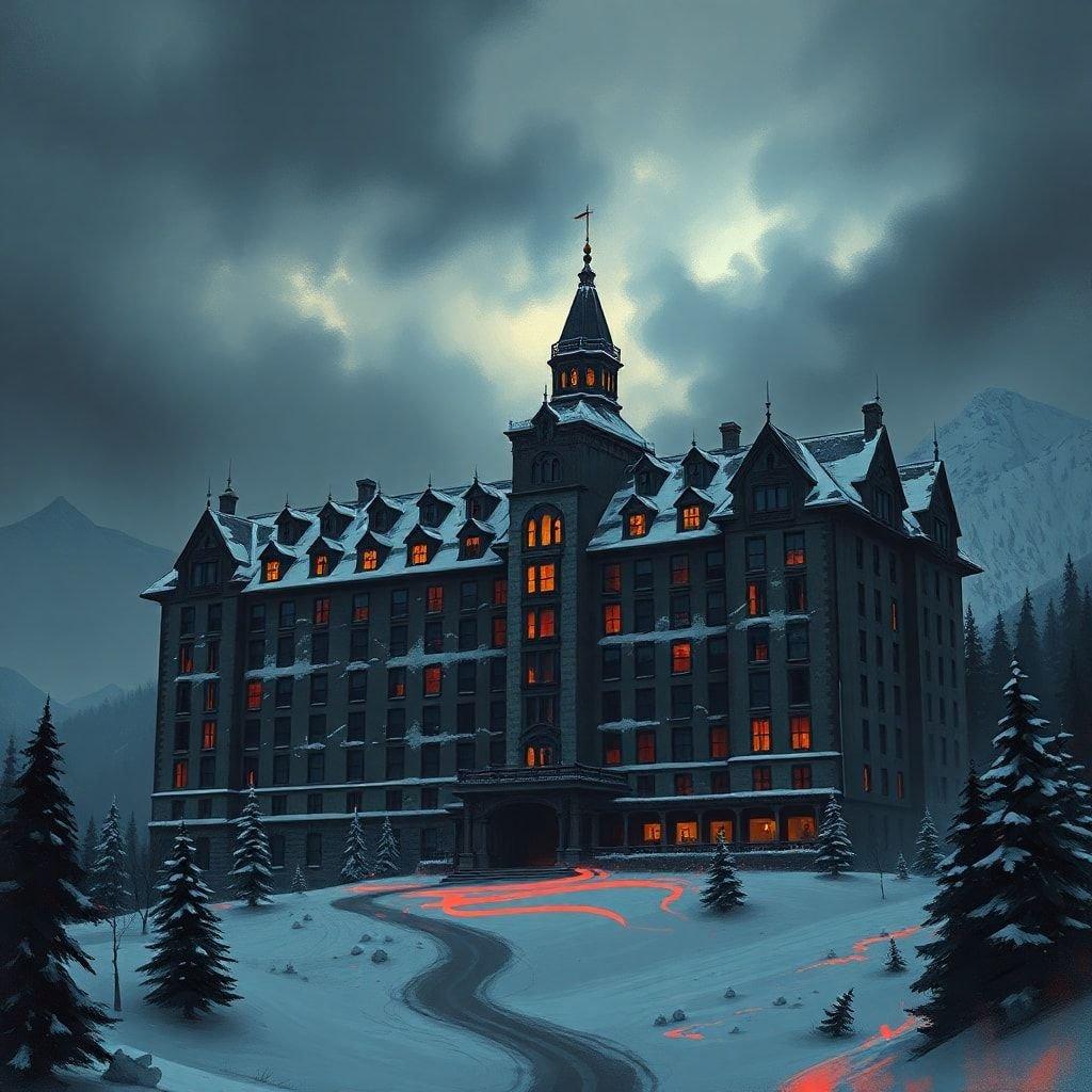 A mysterious gothic castle descends into a winter night, the lights flicker on within its dark windows and snow begins to fall.