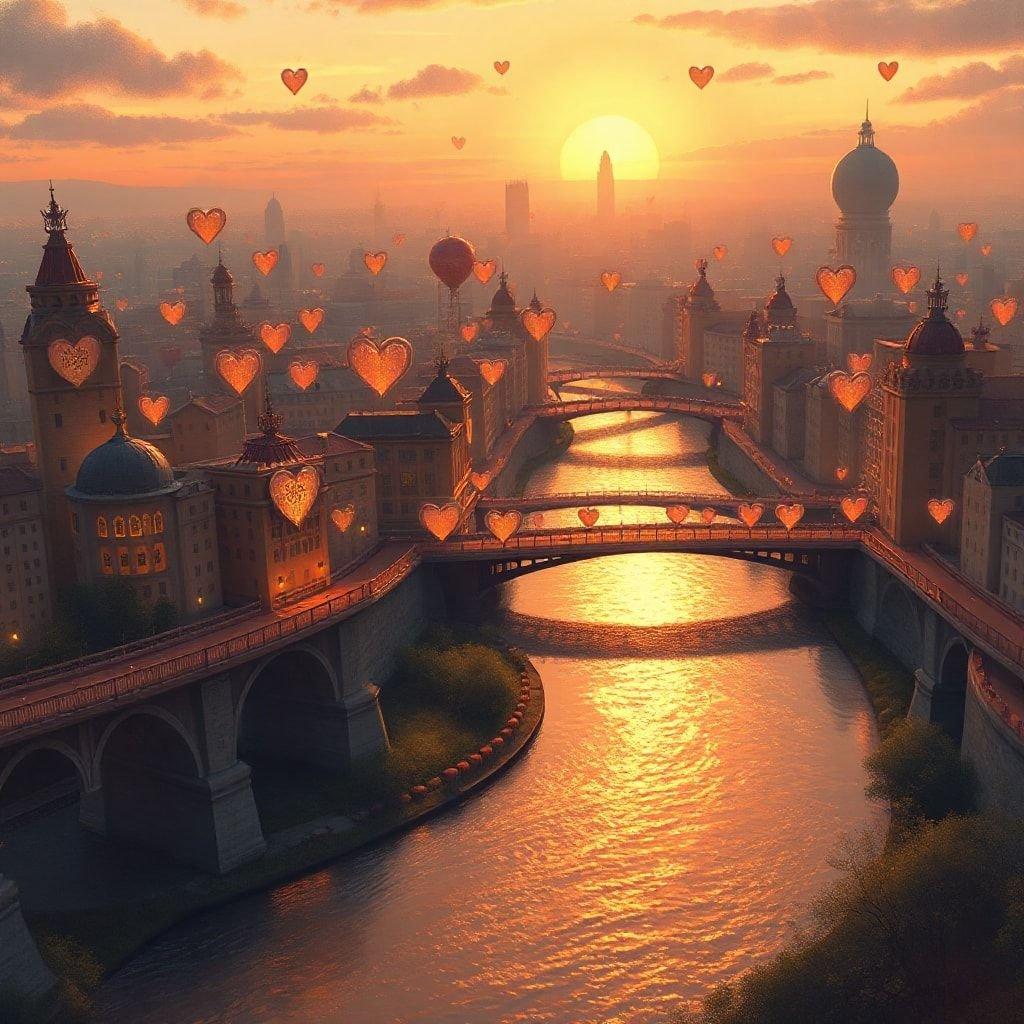 A magical cityscape bathed in the warm glow of a sunset, with love notes floating across the river like gentle whispers.