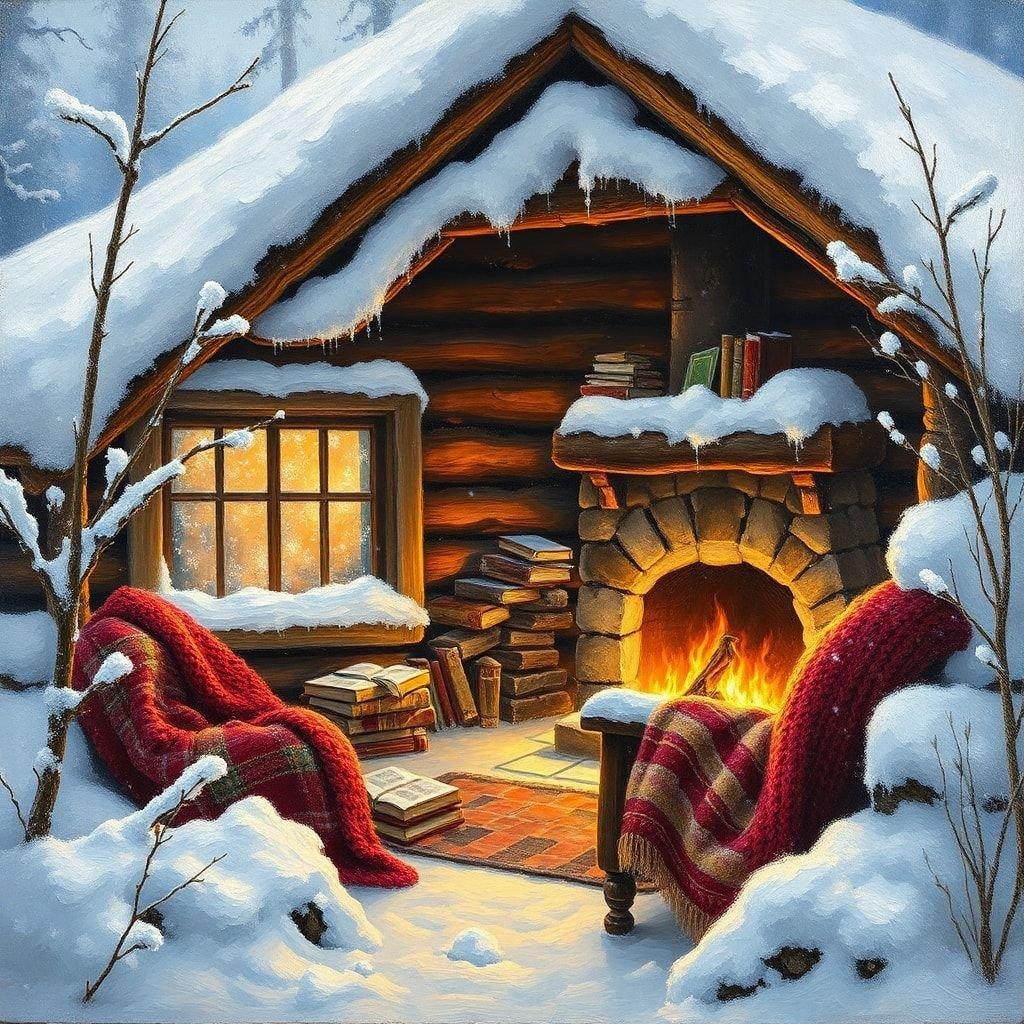 An idyllic winter scene in a cabin, with books stacked nearby and the glow of a fireplace adding warmth to the chilly night.