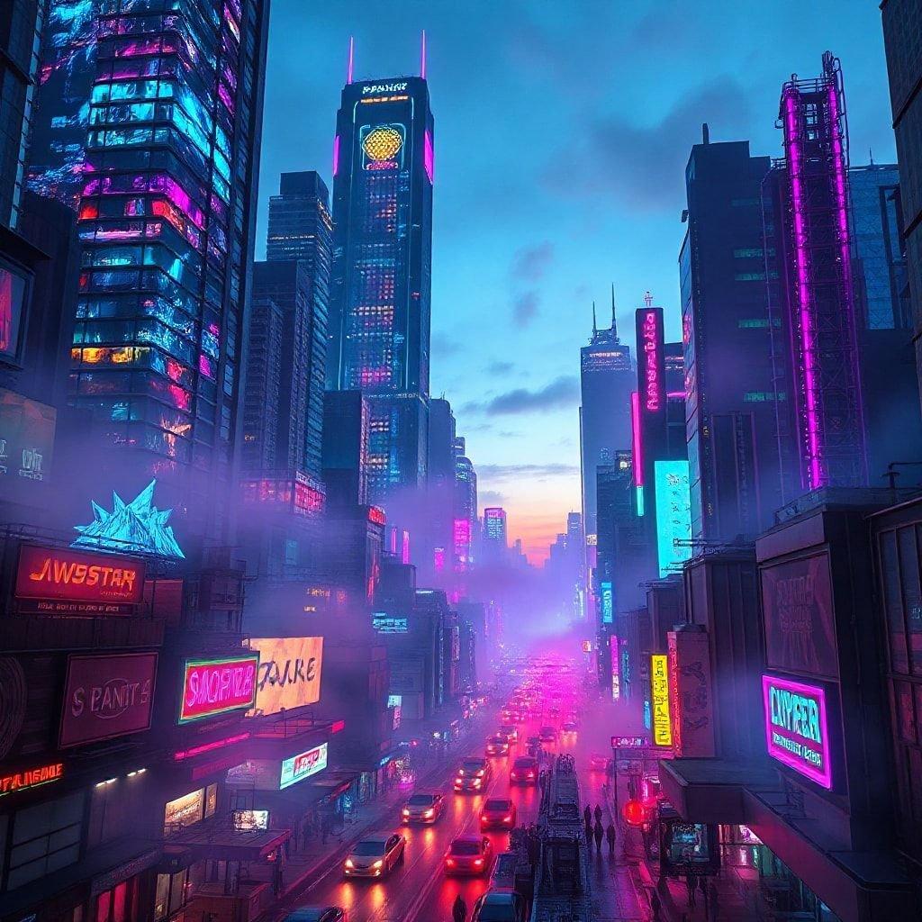 Experience the thrilling glow of city lights at night. The streets are alive with colorful neon signs, advertising billboards, and bustling traffic under a purple sky.