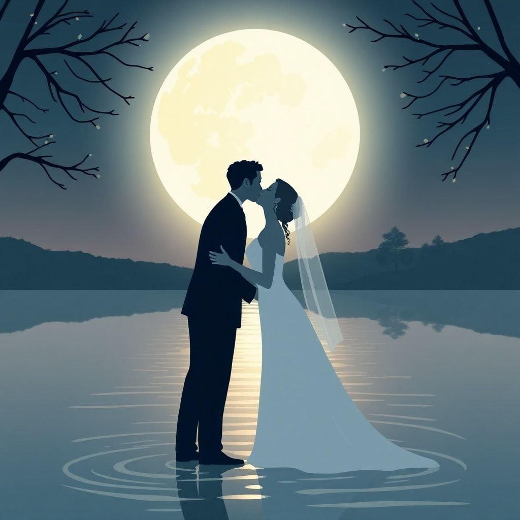 Couple sharing a romantic kiss under the night sky at their wedding celebration.