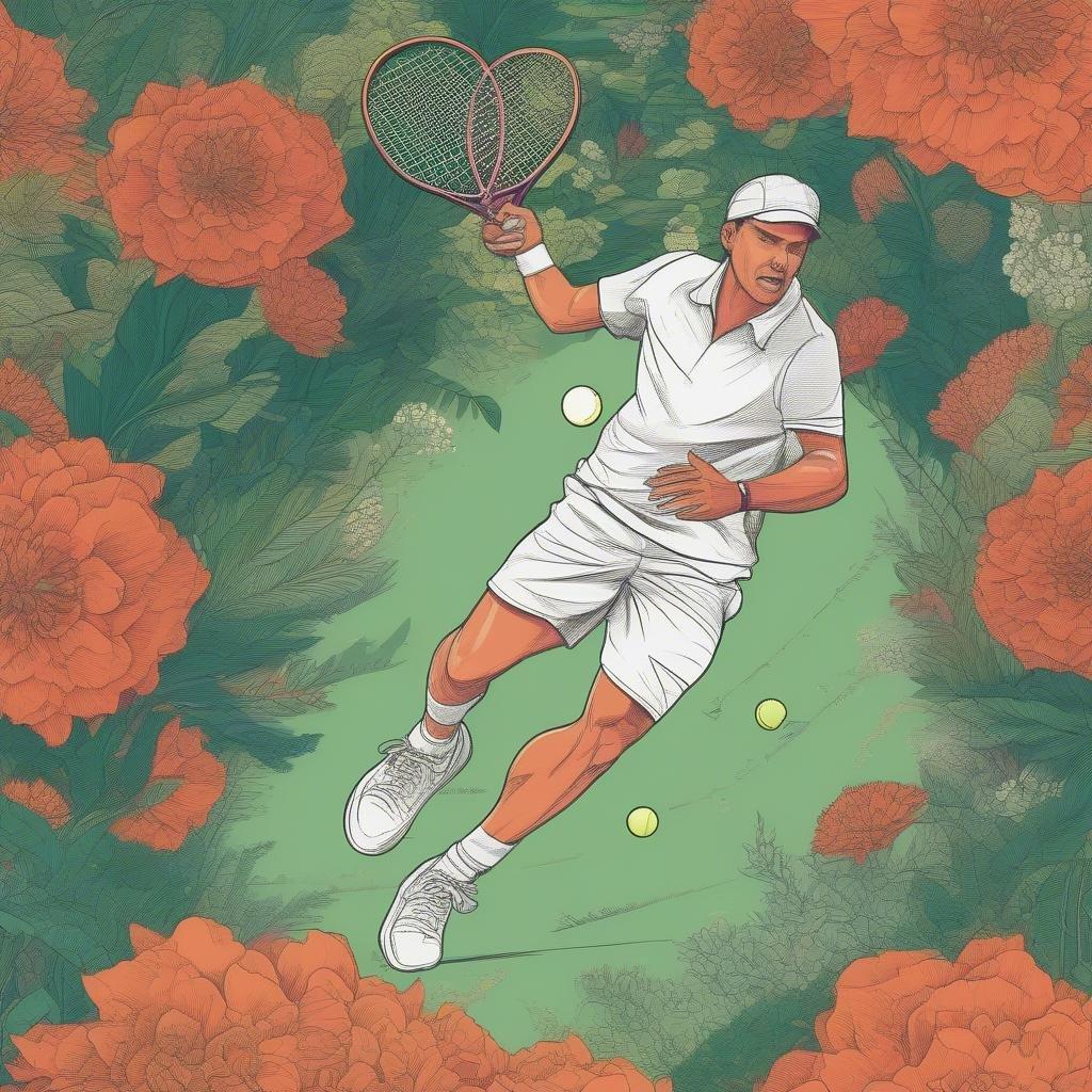 Capture the thrill of a tennis match with this lively digital art. The player in action is poised to strike, embodying the spirit of competition and agility.