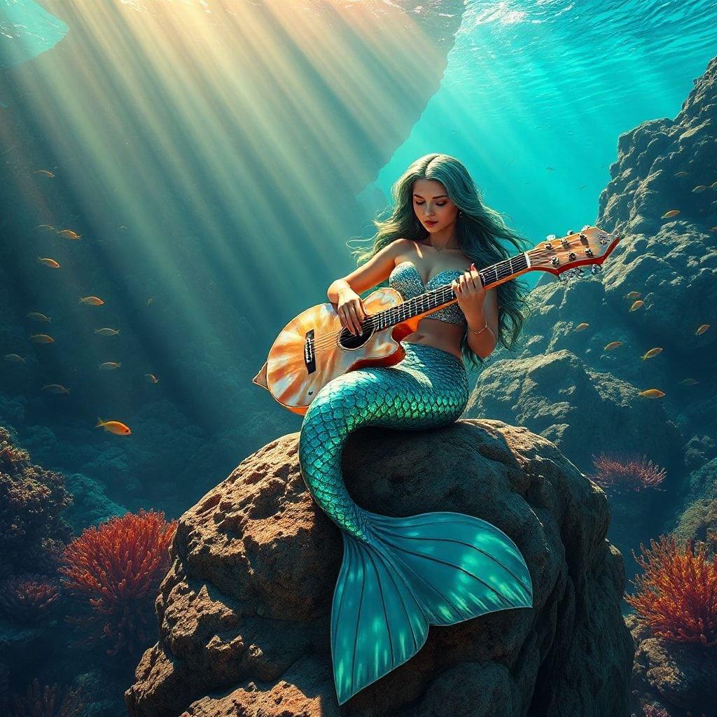 Experience the beauty of the ocean with this enchanting mermaid scene. A magical tale unfolds as our mermaid, adorned in a tail of vibrant blue, strums her guitar under the radiant glow of the sun's ray filtering through the deep waters above.