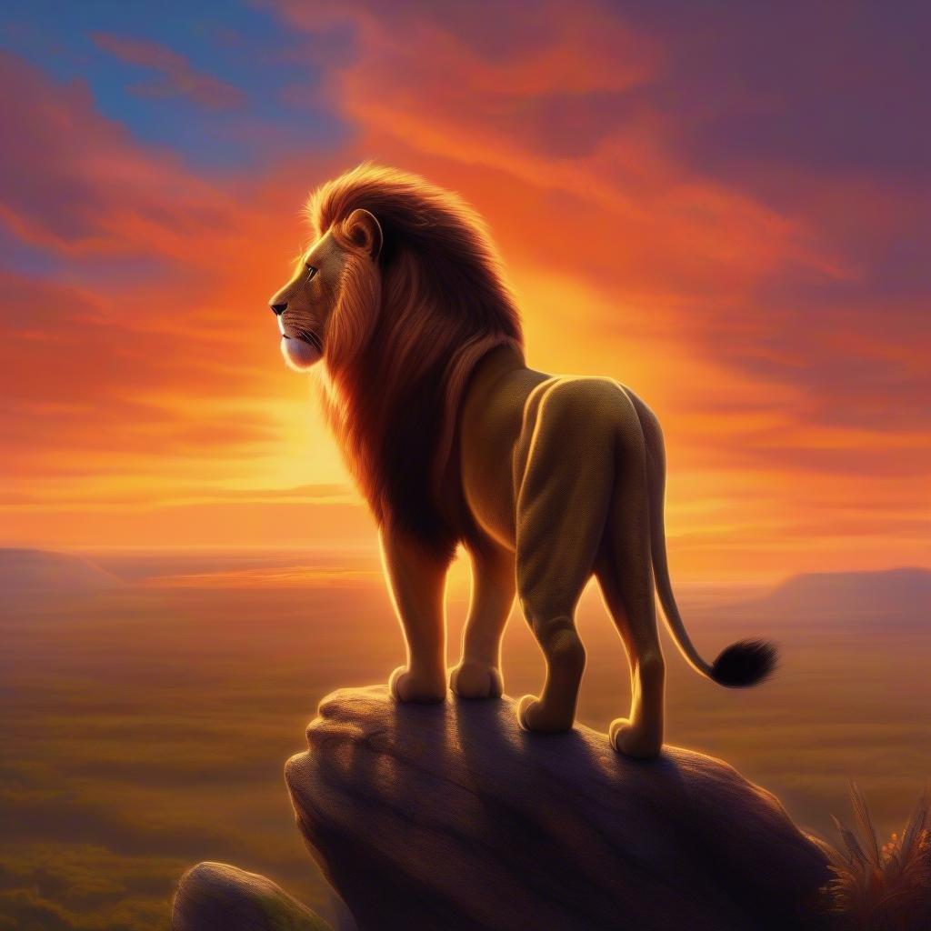 A stunning image of a lion standing on a rock, gazing out at a breathtaking sunset.