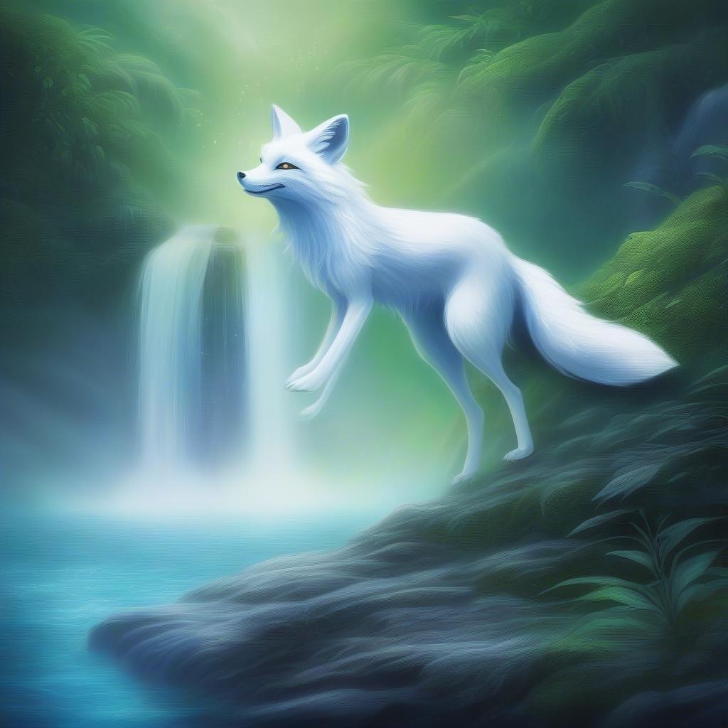 Immerse yourself in the enchanting world of anime with this captivating wallpaper featuring a ghostly fox spirit dancing on the edge of a waterfall. The fusion of a fox and a fox creates a mesmerizing blend of blue and green hues, set against a misty background that evokes an Anime-like effect. The dark, mysterious atmosphere is punctuated by a sense of motion and mystery, inviting you to step into this mystical realm.