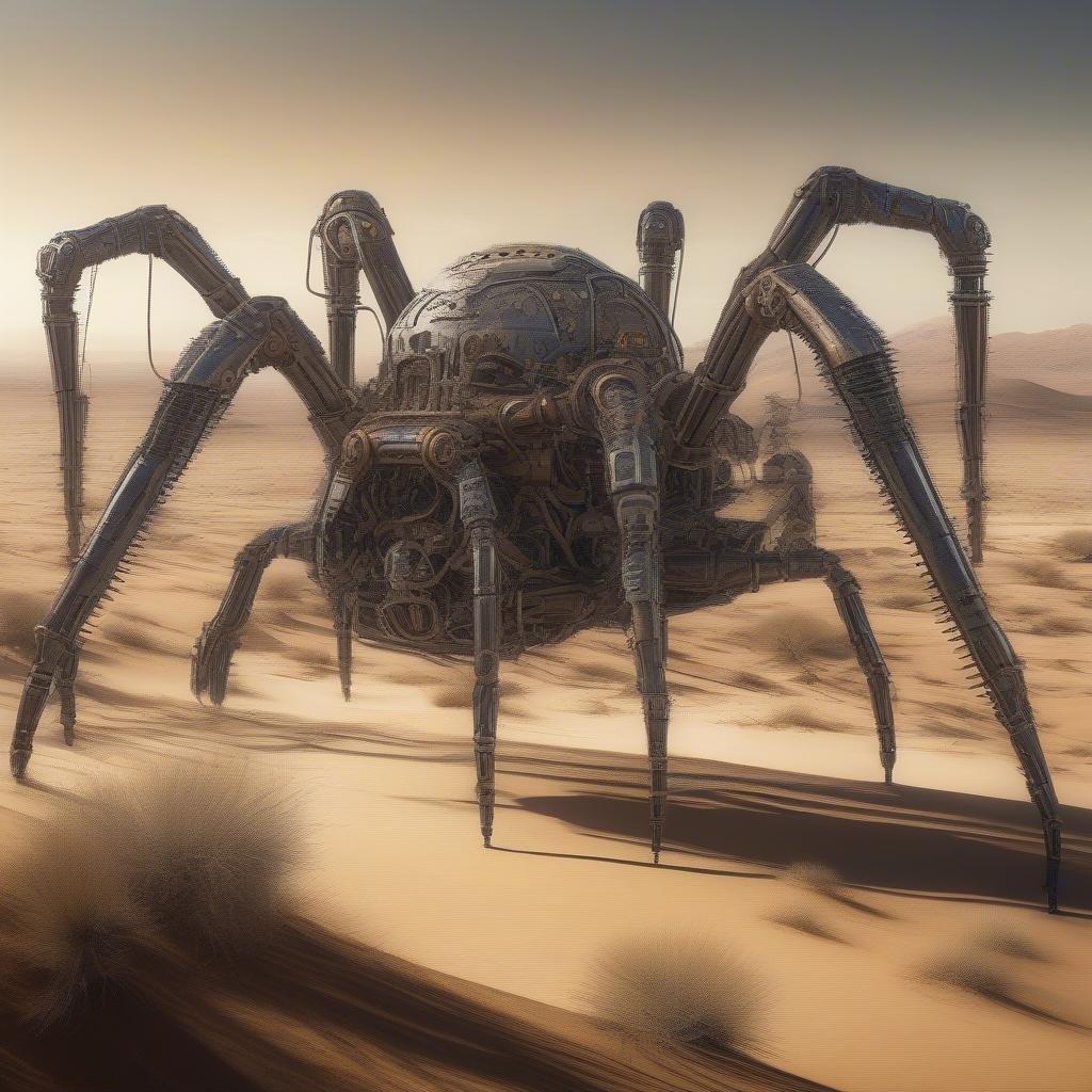 This 3D art wallpaper features a mechanical spider in the desert. The spider is made of metal and has a futuristic look. It is standing in the middle of the desert, with sand dunes and rocks surrounding it. The sky is a light brown color, and the sun is shining down on the spider.