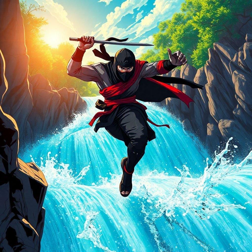 Get ready to be amazed by this stunning anime wallpaper featuring a ninja warrior in action. The dramatic scene showcases the ninja's agility and skill as he leaps through a rocky waterfall, his black and red attire standing out against the vibrant blue and green backdrop. This wallpaper is perfect for fans of anime and action-packed scenes, and is sure to add a touch of excitement to any desktop or mobile device.