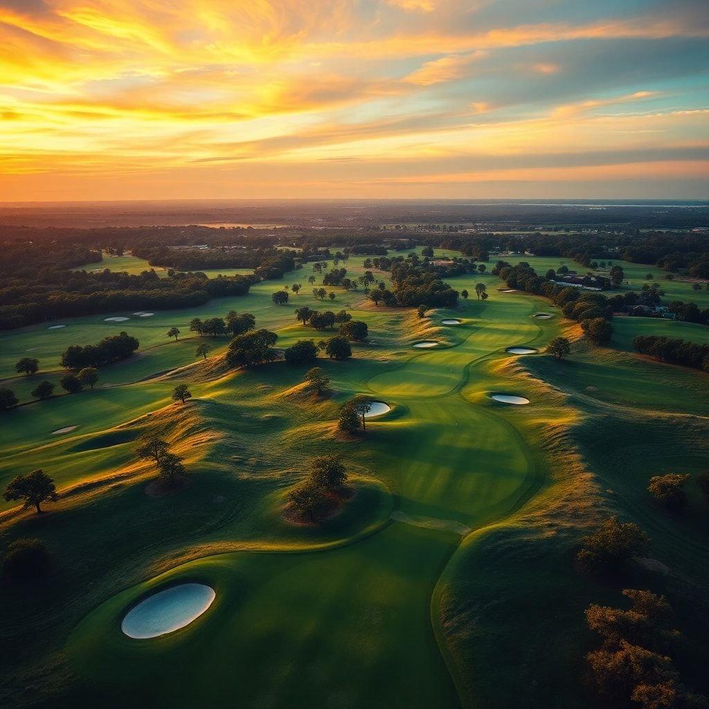 This stunning golf course wallpaper captures the serene beauty of a sunset over a lush green golf course. The image features a picturesque landscape with rolling hills, trees, and a golf course in the foreground, set against a vibrant orange and yellow sky with clouds. The overall effect is one of tranquility and natural beauty, making it a perfect desktop or mobile wallpaper for anyone who loves golf or nature.