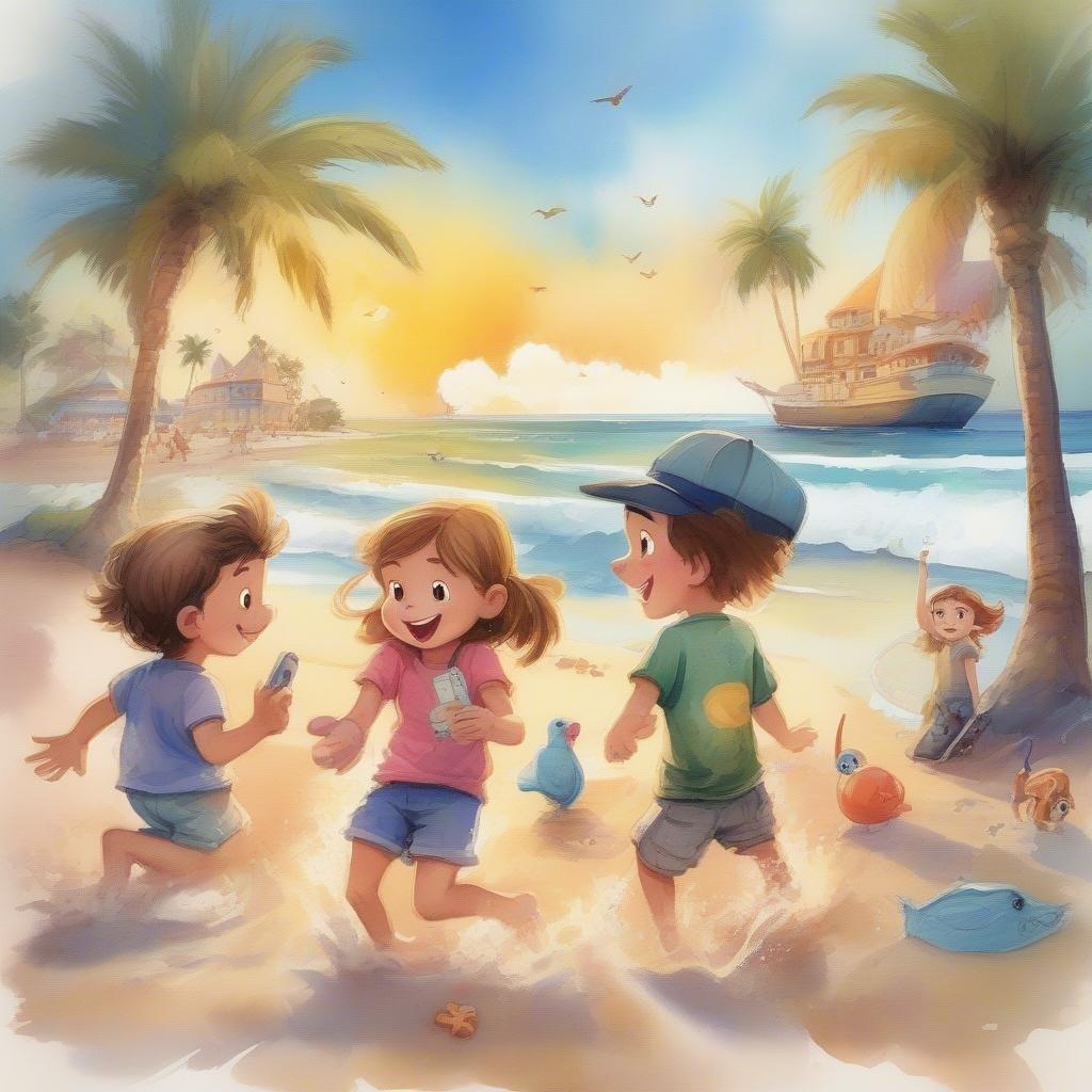 A group of friends enjoying a sunny day at the beach, with the sound of waves and laughter filling the air.