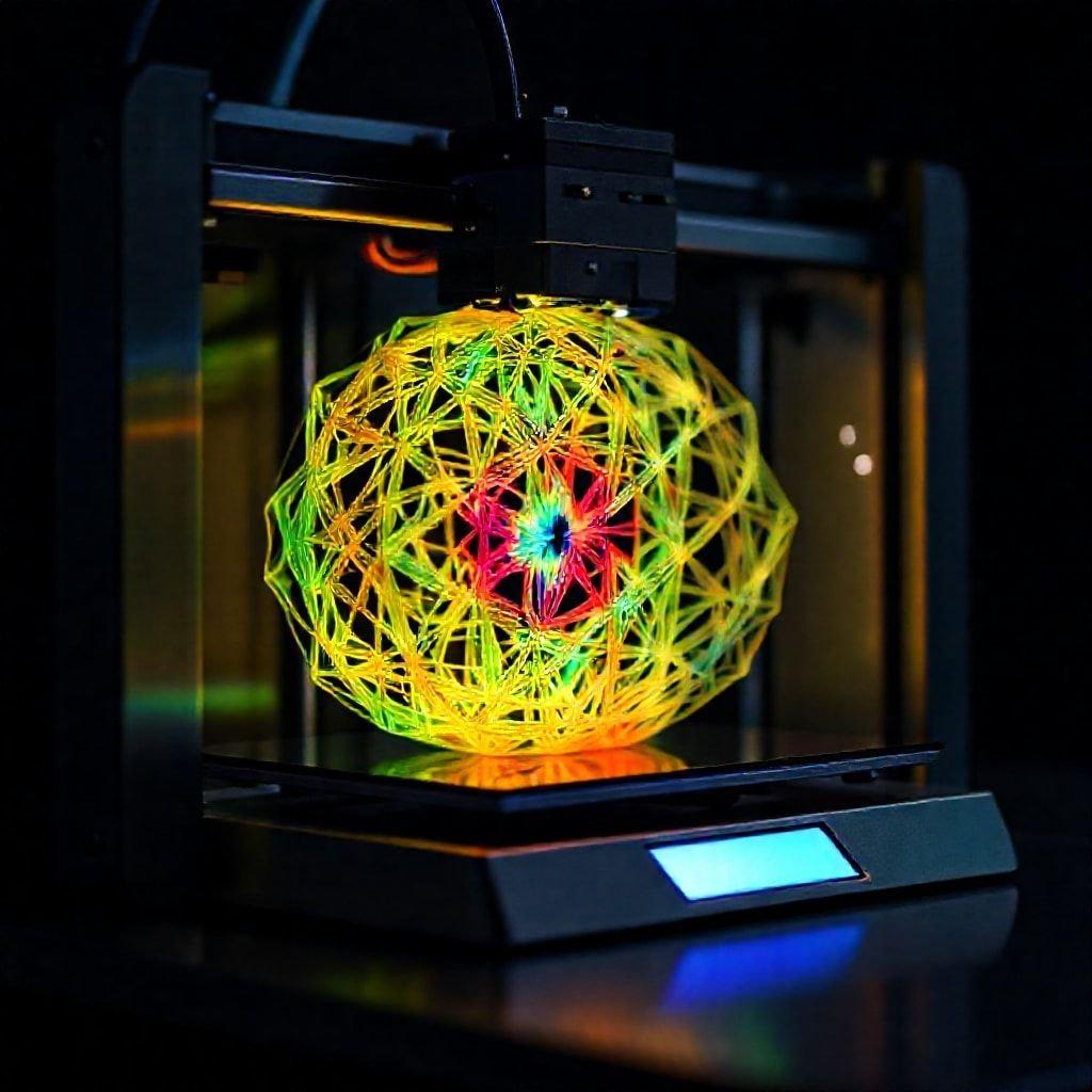 This image showcases a 3D printed sphere that is a true marvel of technology and artistry. The intricate design and vibrant colors make it a stunning display of what can be achieved with 3D printing.